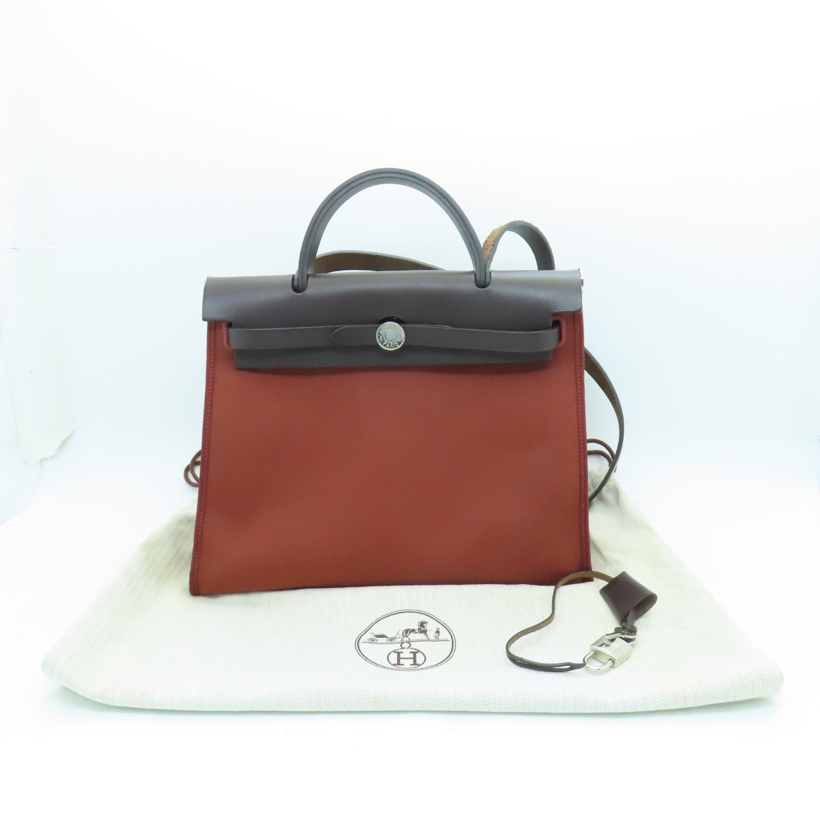 HERMES 帆布Herbag PM銀扣手挽肩背兩用袋紅磚色/棕色