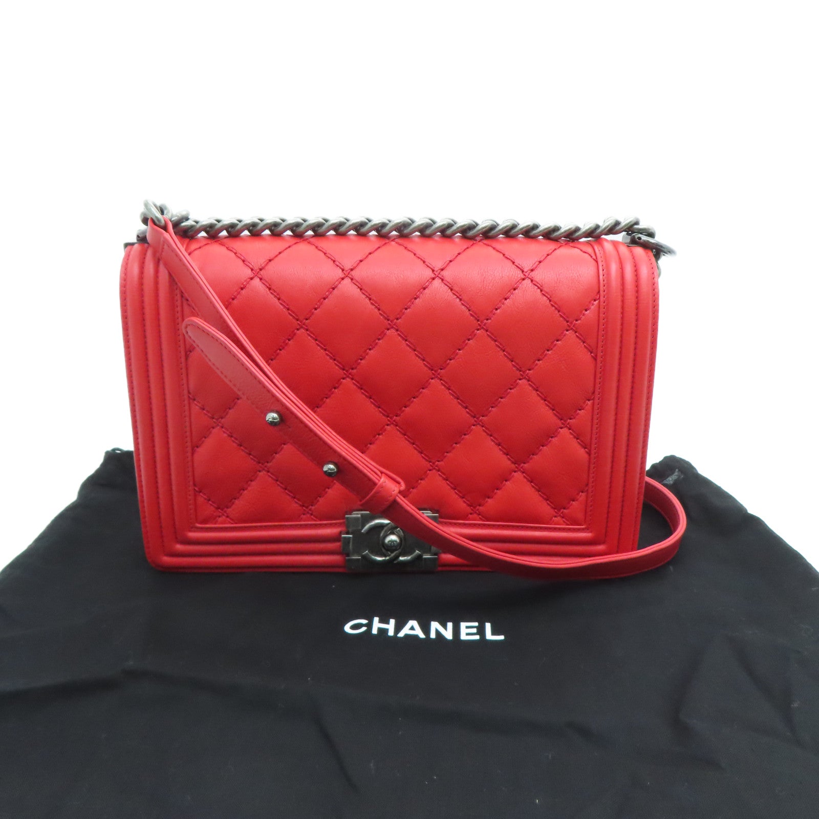 CHANEL 菱格牛皮皮革Boy 28cm Chain Shoulder Bag銀扣鏈條肩背袋紅色