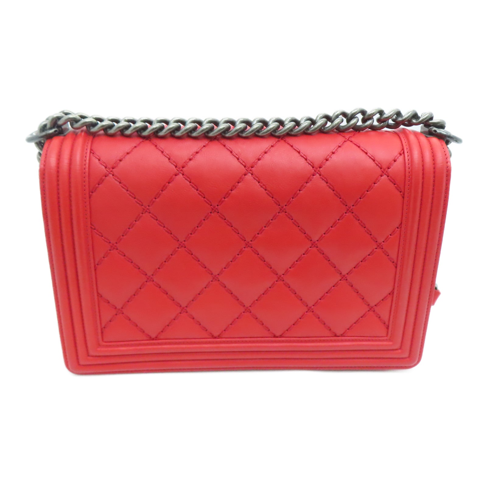 CHANEL 菱格牛皮皮革Boy 28cm Chain Shoulder Bag銀扣鏈條肩背袋紅色