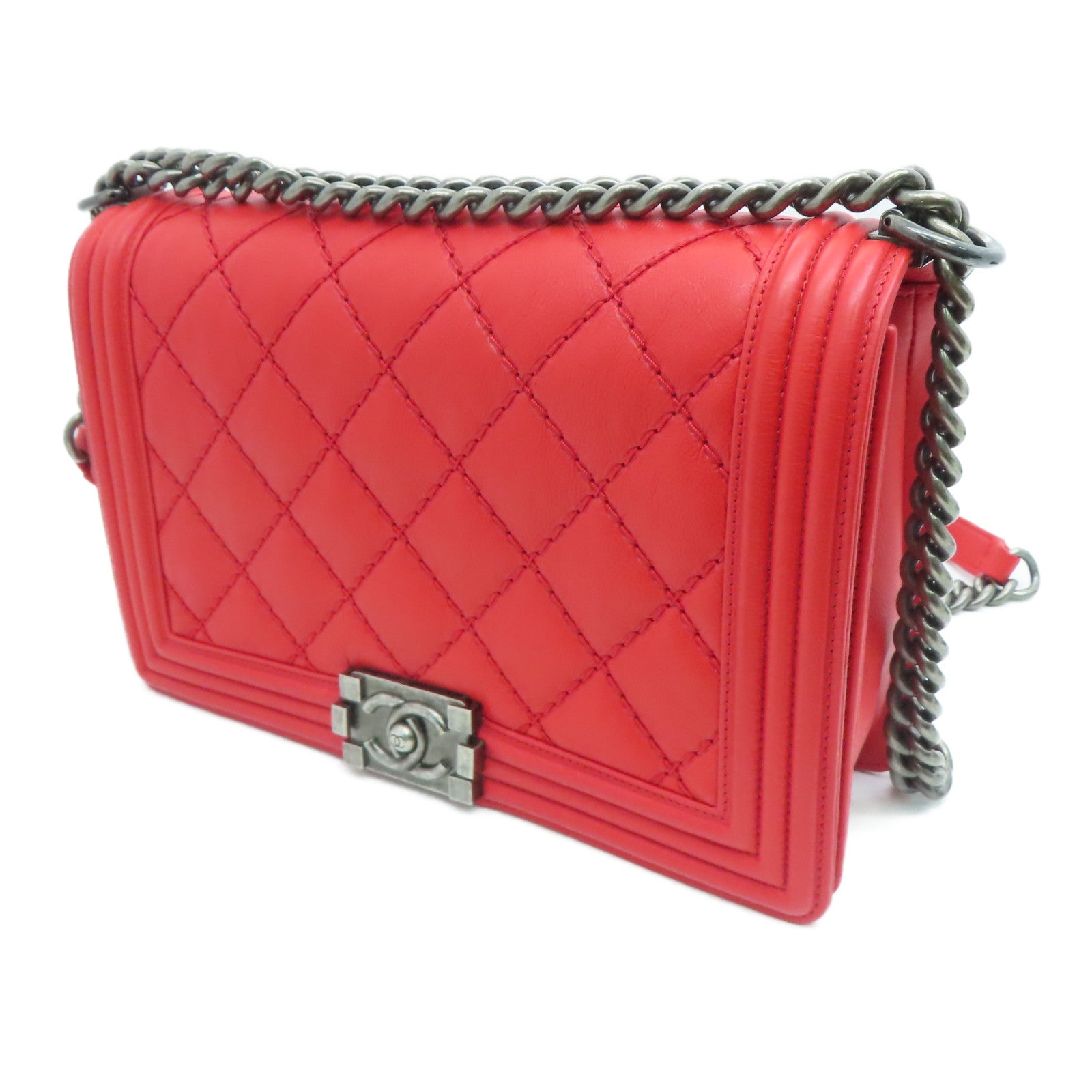 CHANEL 菱格牛皮皮革Boy 28cm Chain Shoulder Bag銀扣鏈條肩背袋紅色