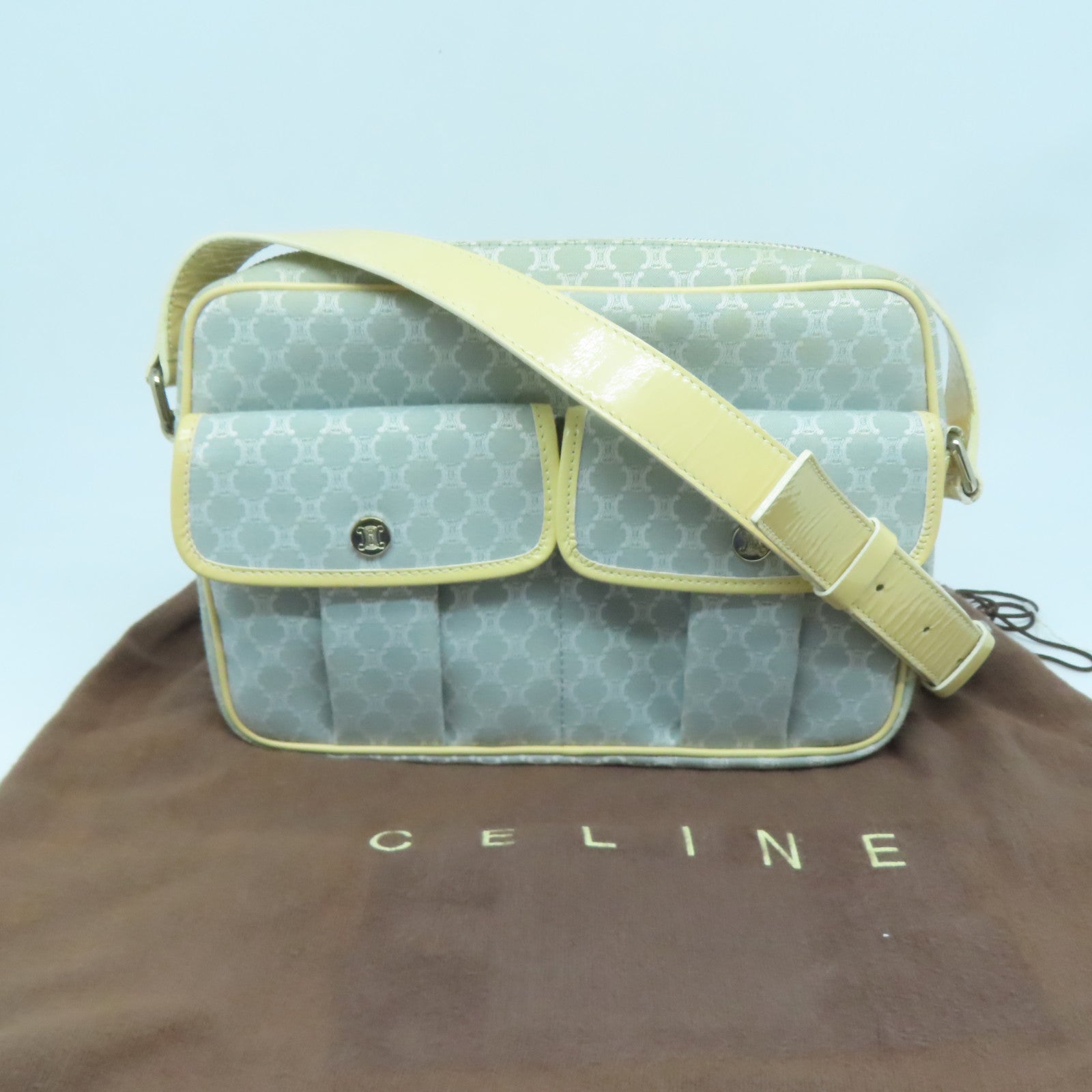 CELINE 帆布Shoulder Bag銀扣肩背袋淺藍色/米色