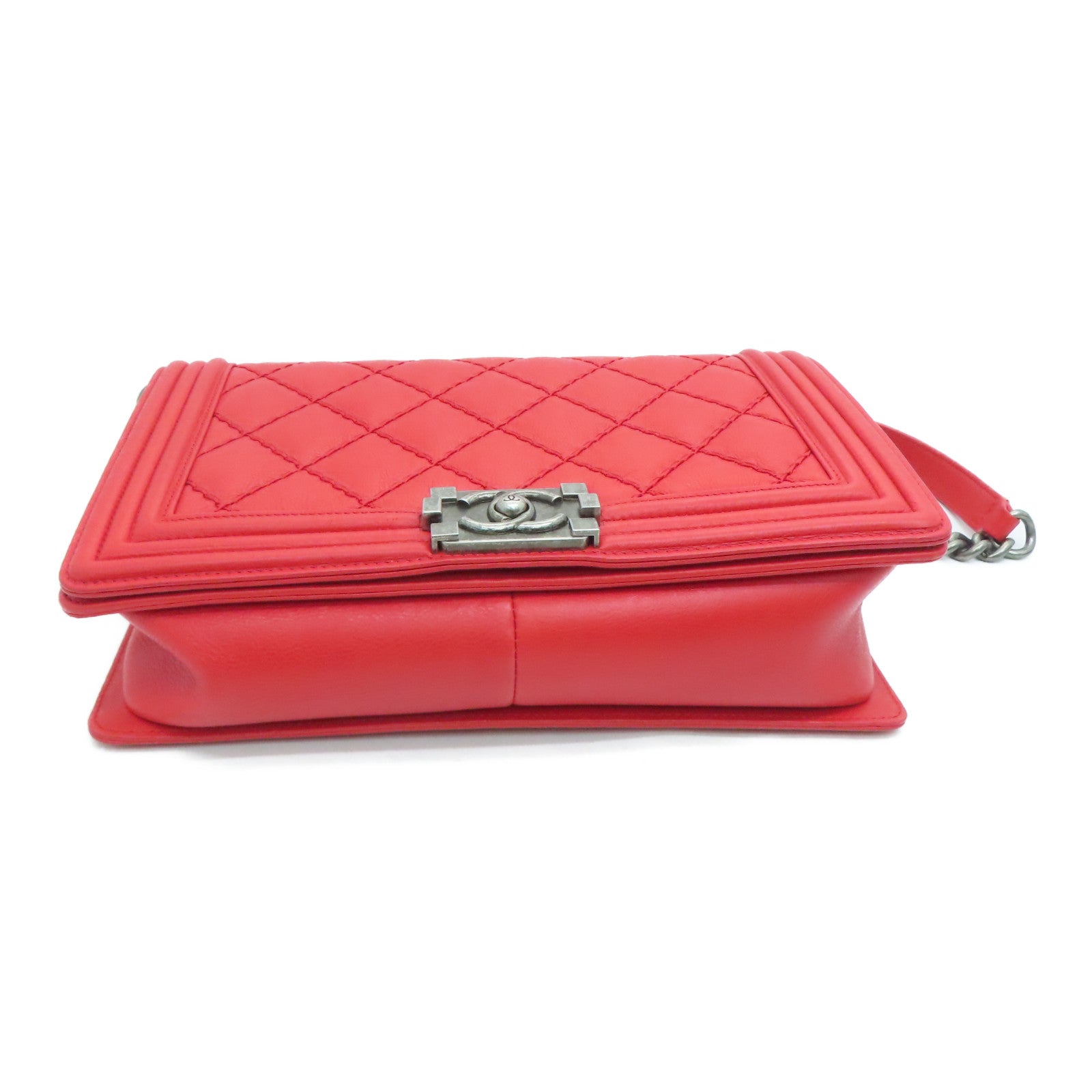 CHANEL 菱格牛皮皮革Boy 28cm Chain Shoulder Bag銀扣鏈條肩背袋紅色