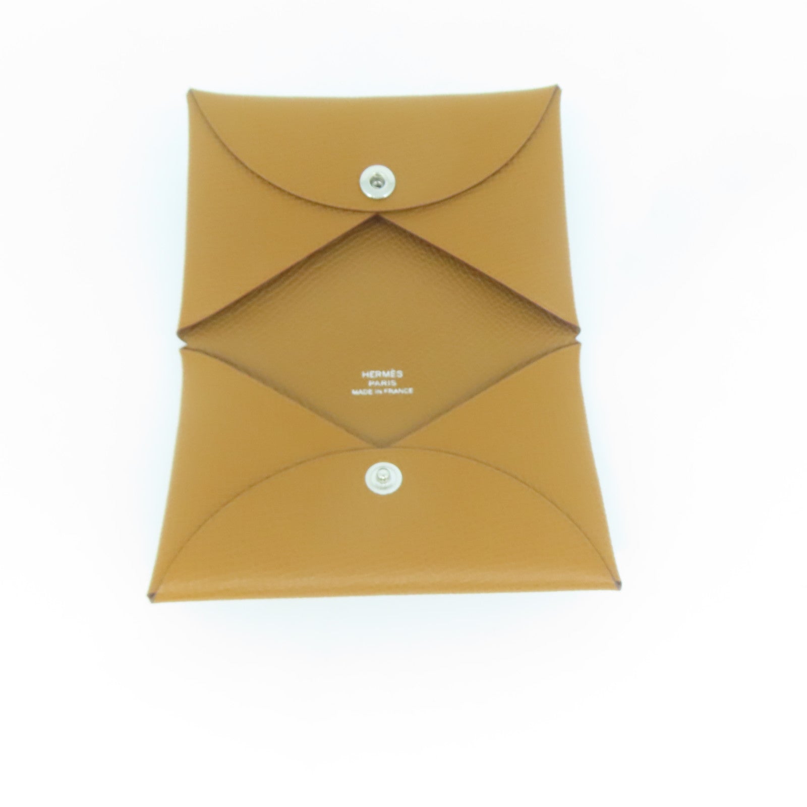 HERMES Veau Epsom皮革Calvi銀扣卡片套金色/經典駝色