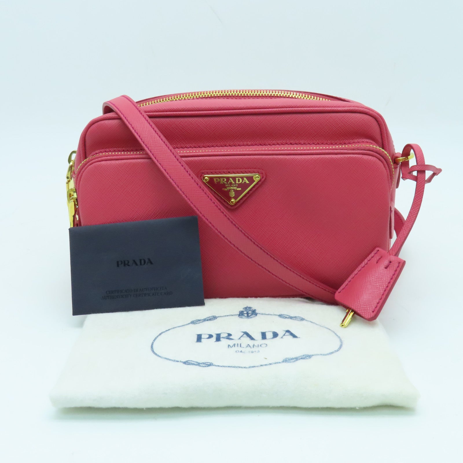 PRADA Saffiano Leather Shoulder Bag Gold Buckle Pink