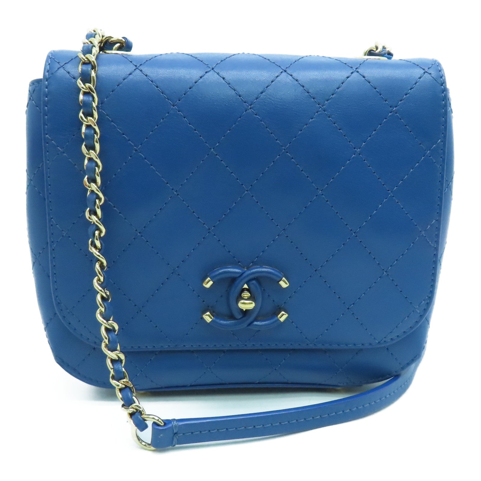 CHANEL 菱格牛皮皮革Chain Shoulder鏈帶肩背袋金扣藍色