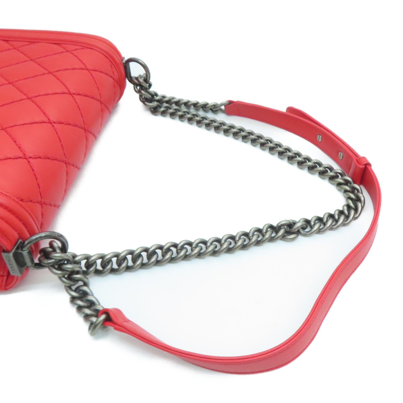 CHANEL 菱格牛皮皮革Boy 28cm Chain Shoulder Bag銀扣鏈條肩背袋紅色