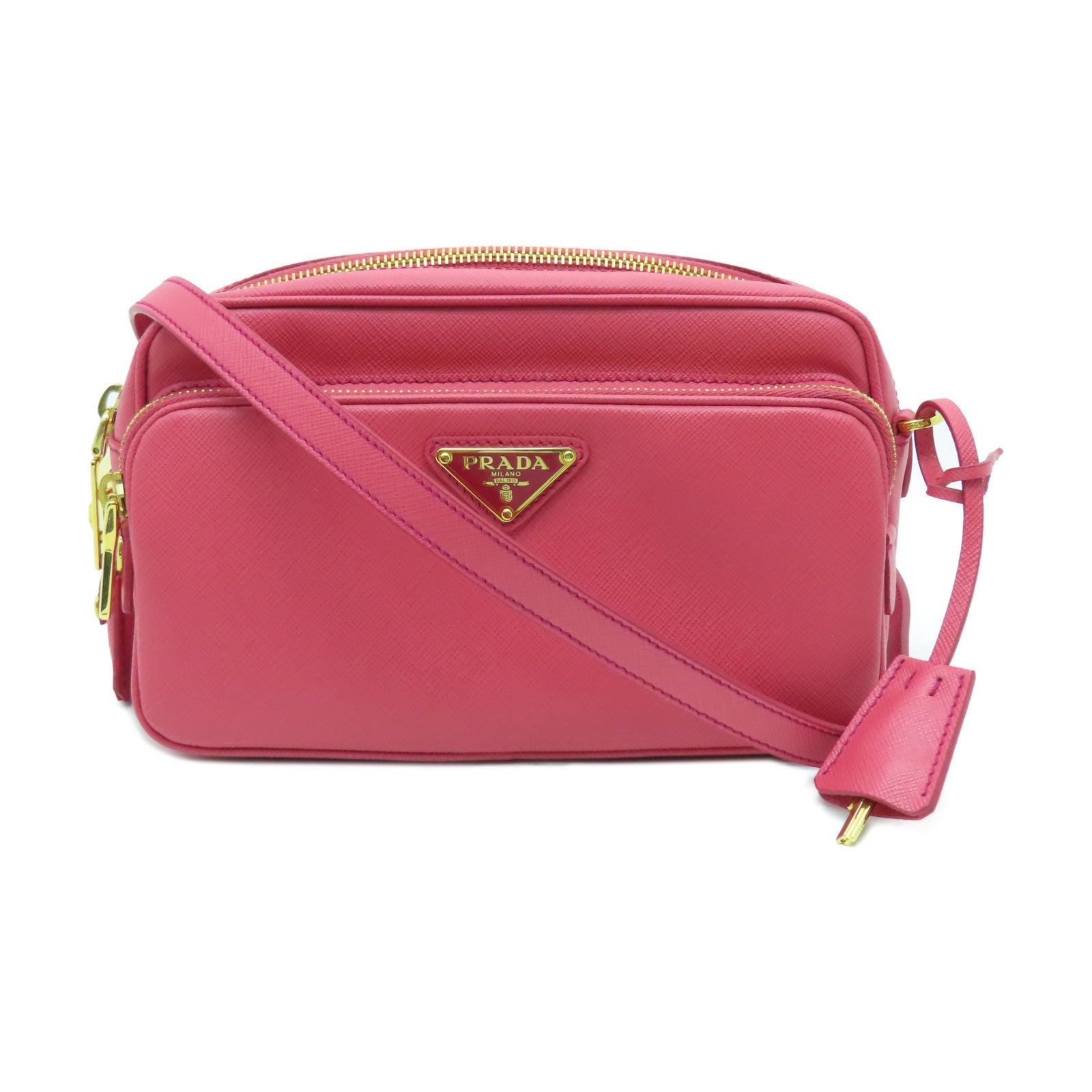 PRADA Saffiano Leather Shoulder Bag Gold Buckle Pink