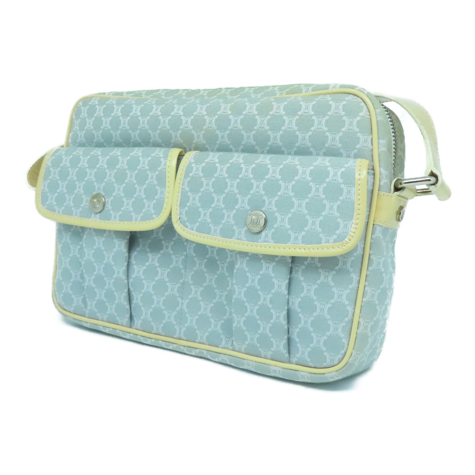 CELINE 帆布Shoulder Bag銀扣肩背袋淺藍色/米色
