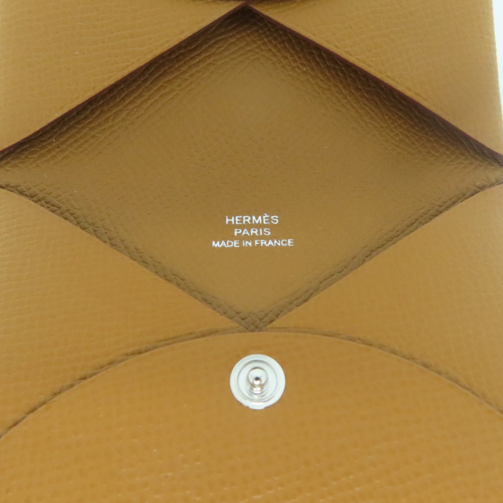 HERMES Veau Epsom皮革Calvi銀扣卡片套金色/經典駝色