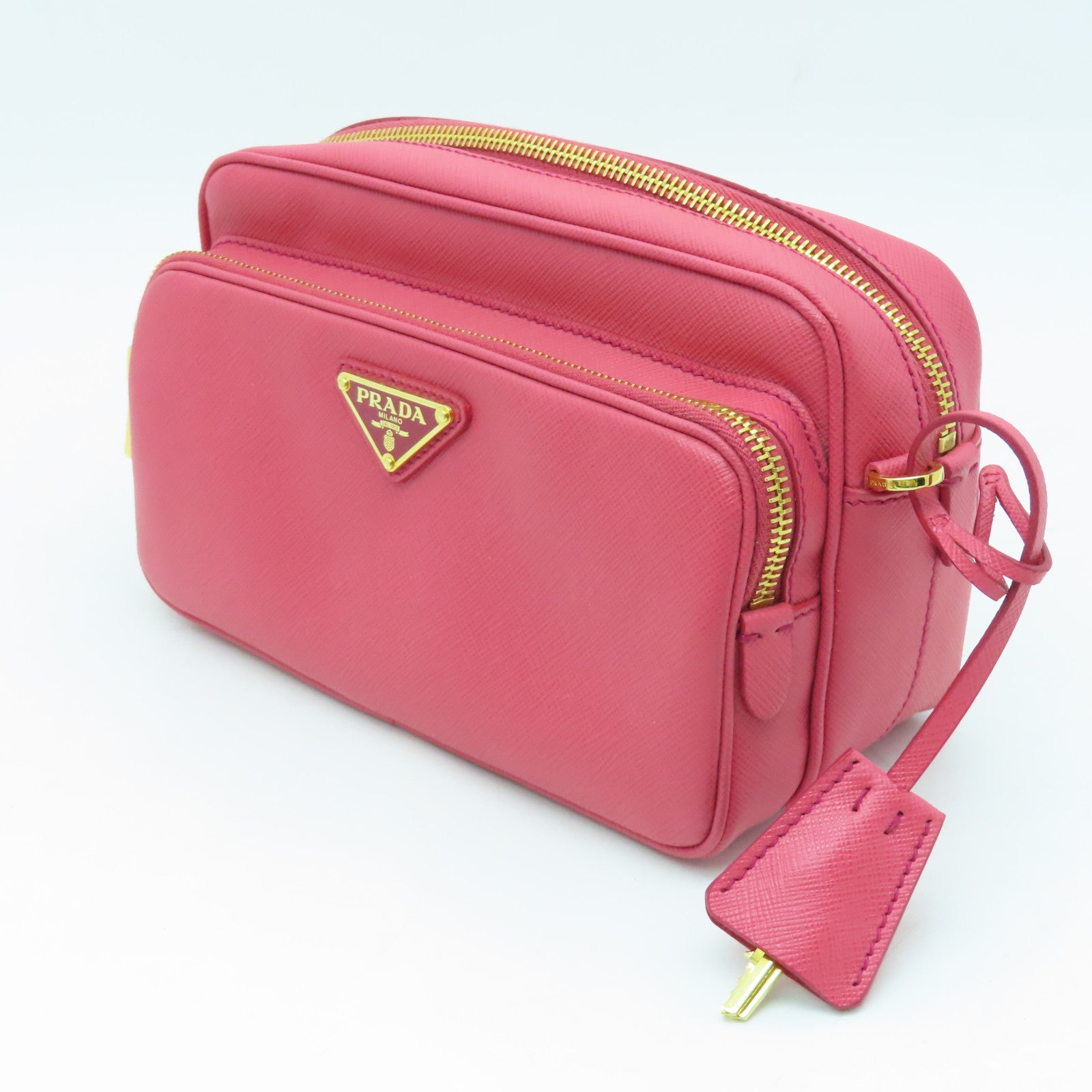 PRADA Saffiano Leather Shoulder Bag Gold Buckle Pink