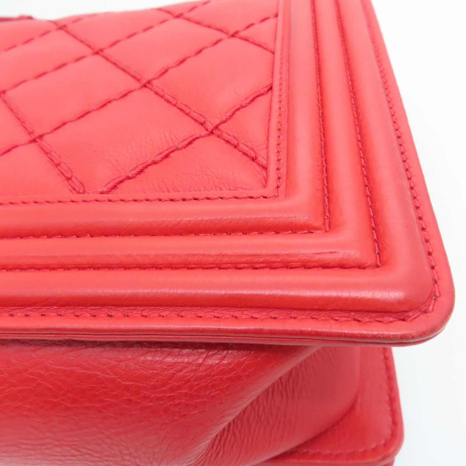 CHANEL 菱格牛皮皮革Boy 28cm Chain Shoulder Bag銀扣鏈條肩背袋紅色