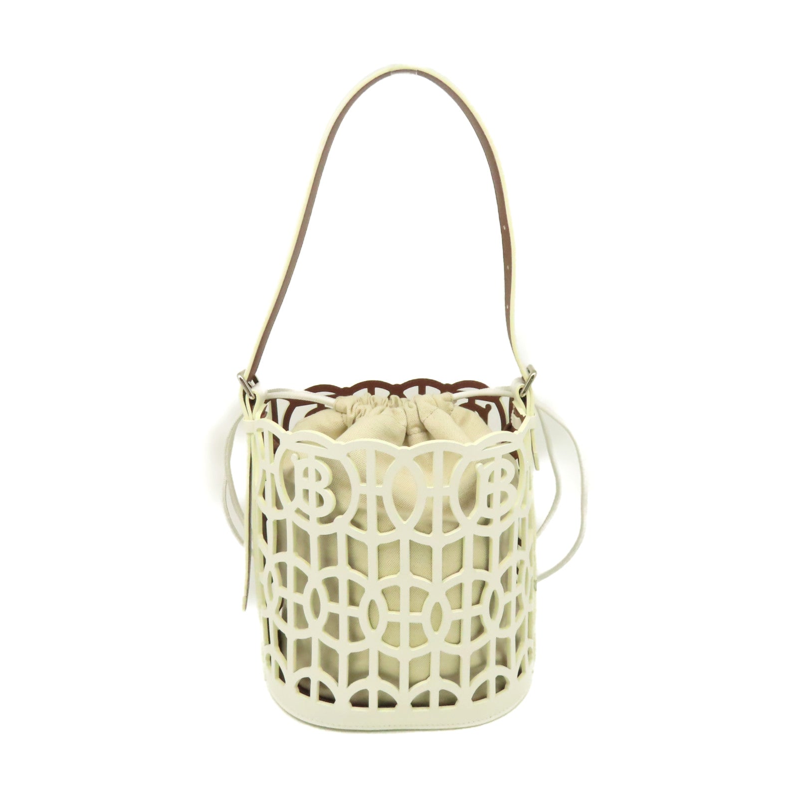 BURBERRY 牛皮皮革/帆布Drawsteing Bucket Bag肩背袋米白色
