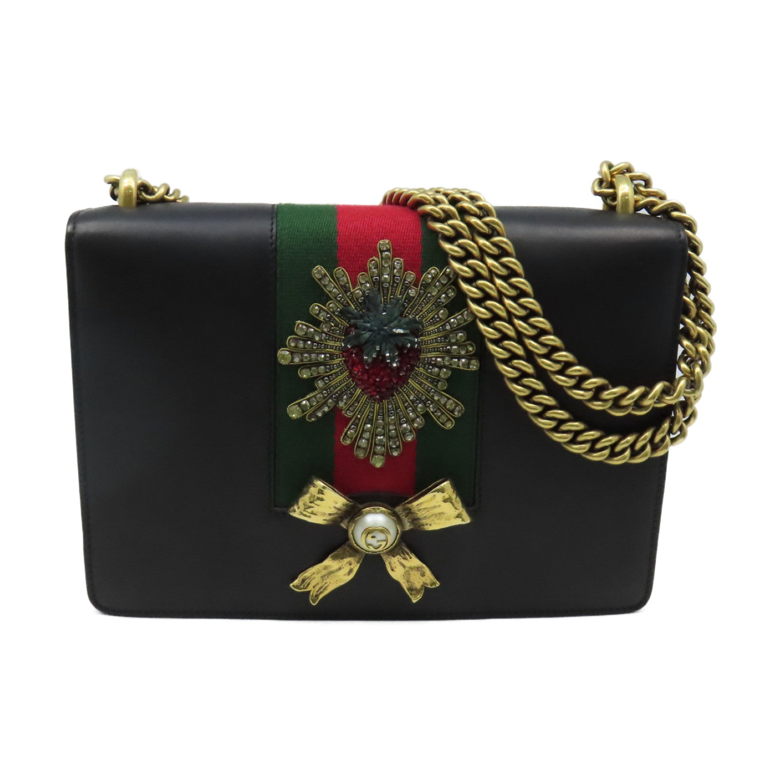 GUCCI 牛皮皮革Chain Shoulder Bag金扣鏈帶肩背袋黑色