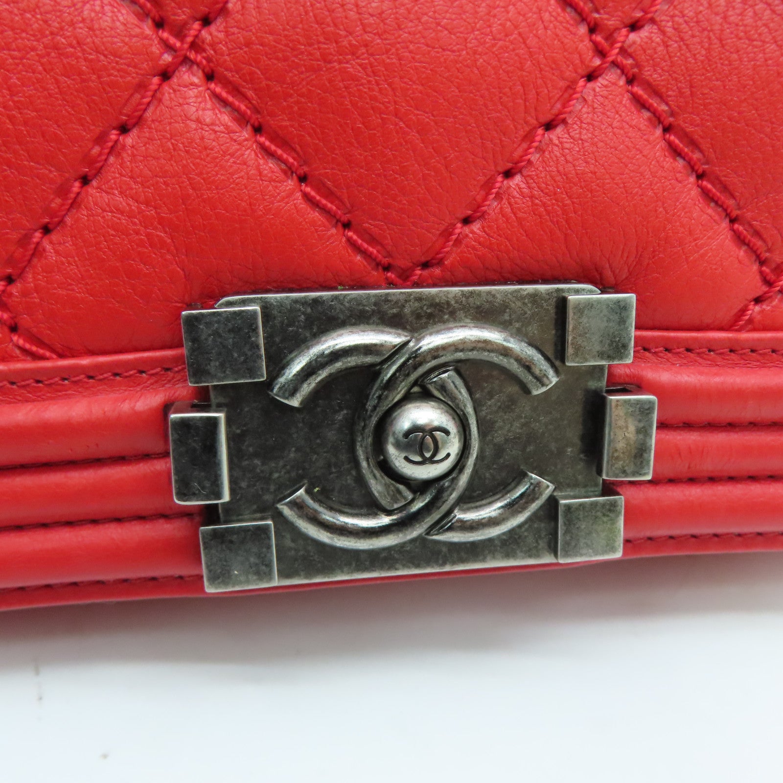 CHANEL 菱格牛皮皮革Boy 28cm Chain Shoulder Bag銀扣鏈條肩背袋紅色