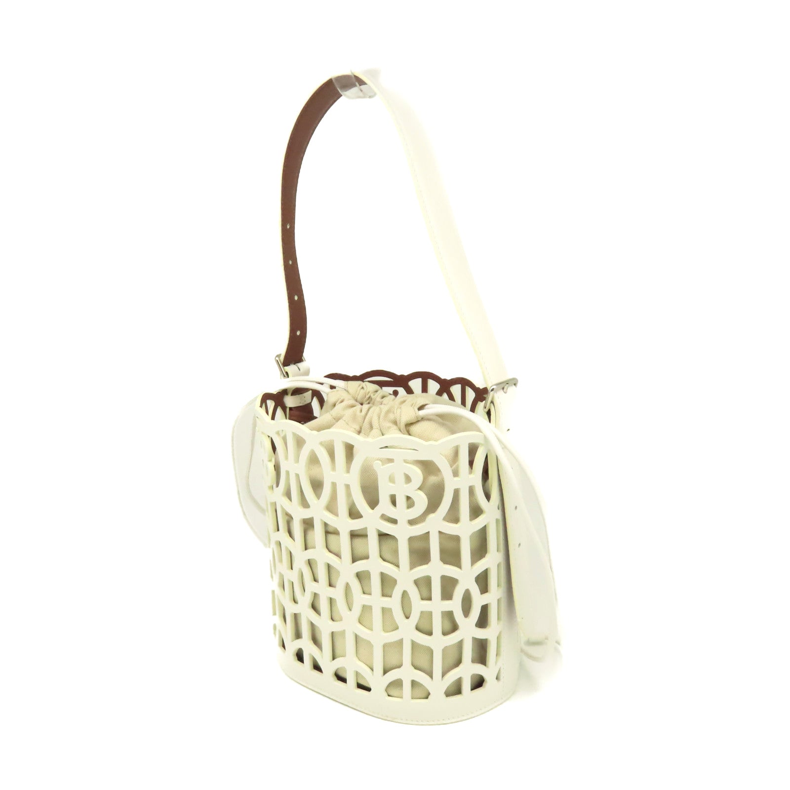 BURBERRY 牛皮皮革/帆布Drawsteing Bucket Bag肩背袋米白色