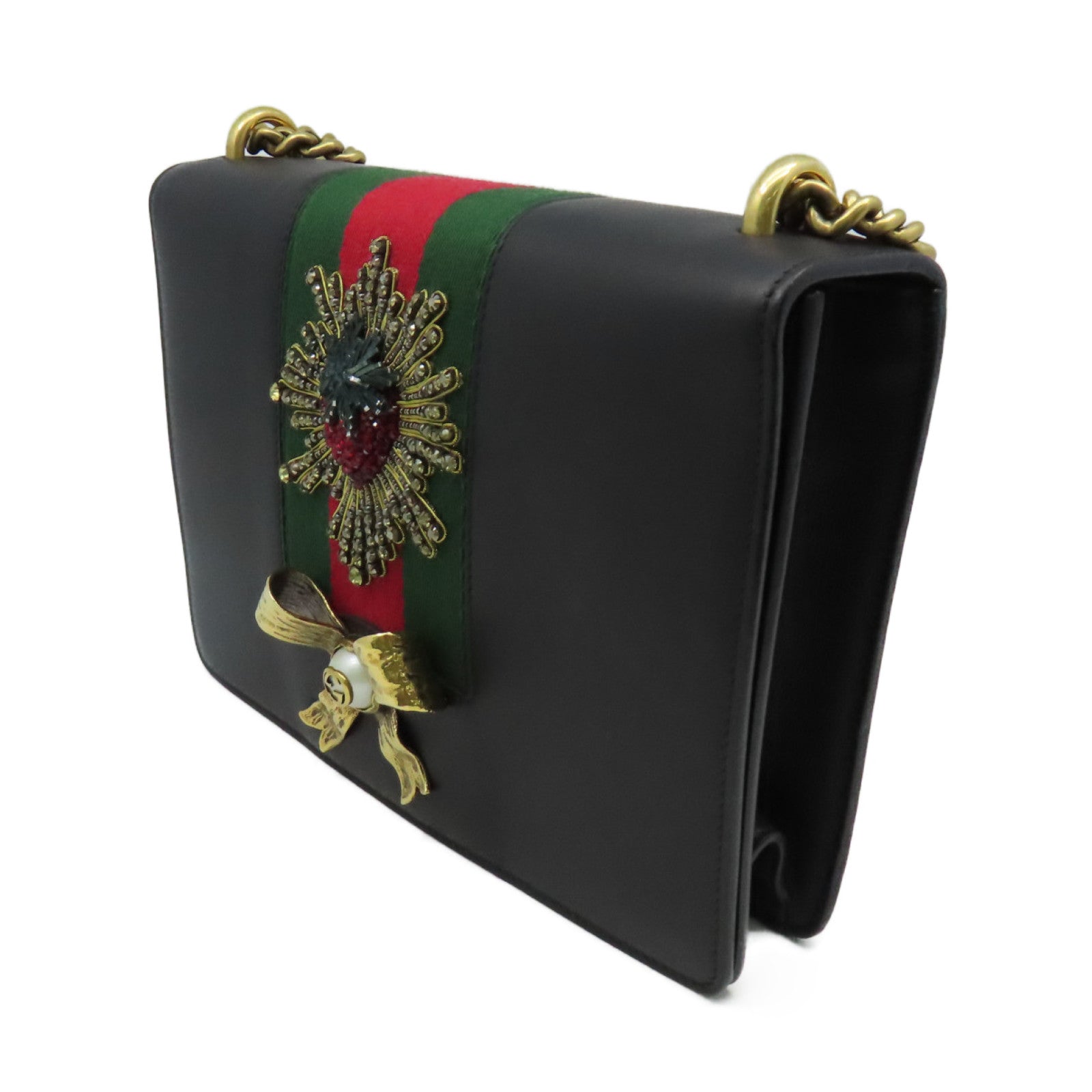 GUCCI 牛皮皮革Chain Shoulder Bag金扣鏈帶肩背袋黑色