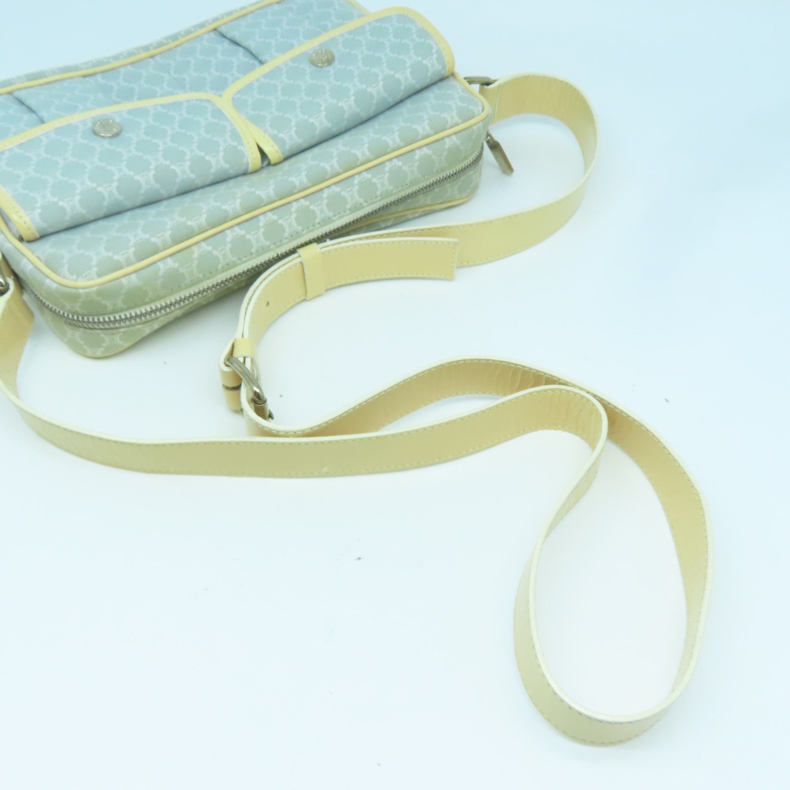 CELINE 帆布Shoulder Bag銀扣肩背袋淺藍色/米色