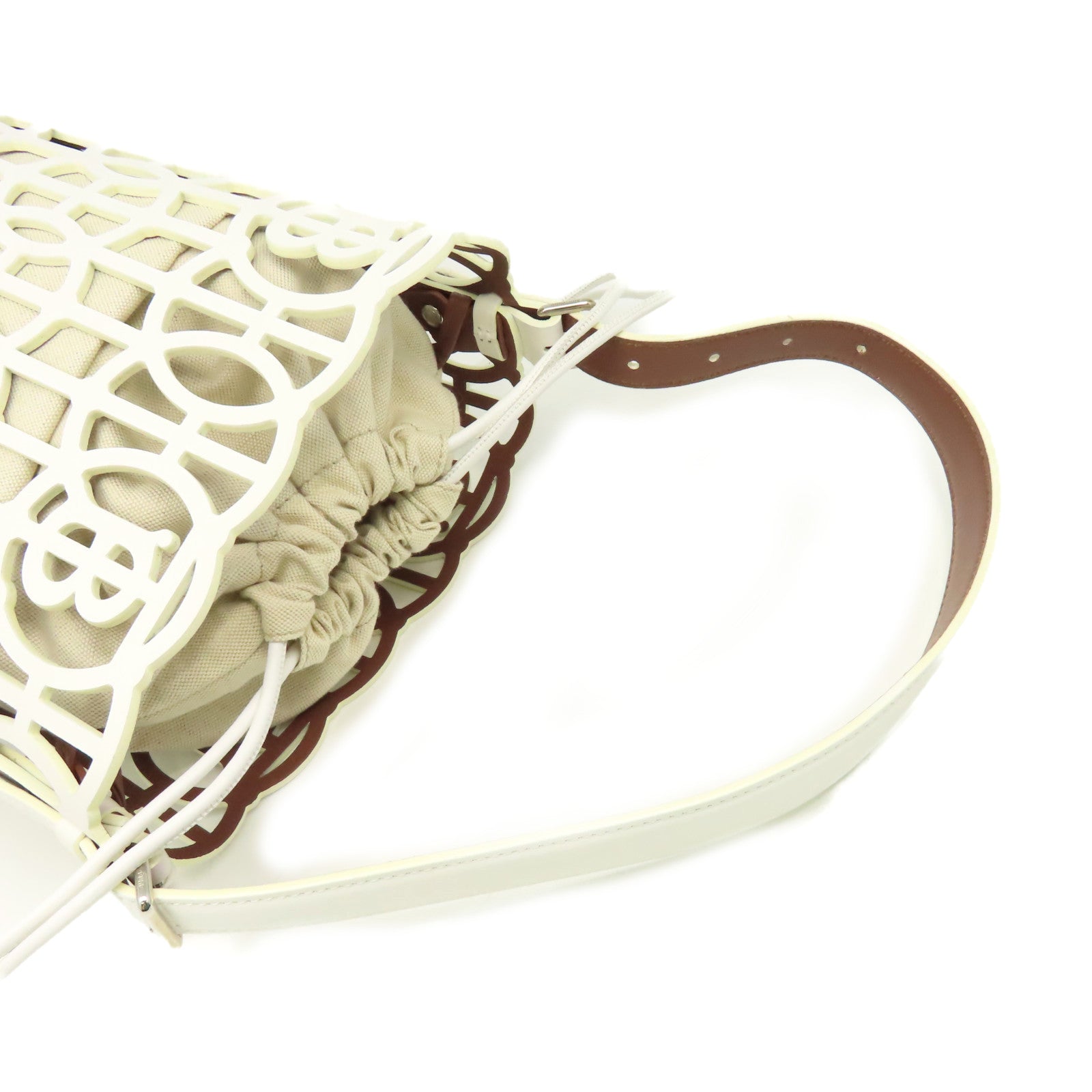BURBERRY 牛皮皮革/帆布Drawsteing Bucket Bag肩背袋米白色