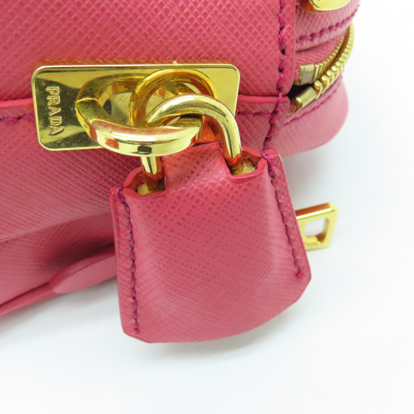 PRADA Saffiano Leather Shoulder Bag Gold Buckle Pink