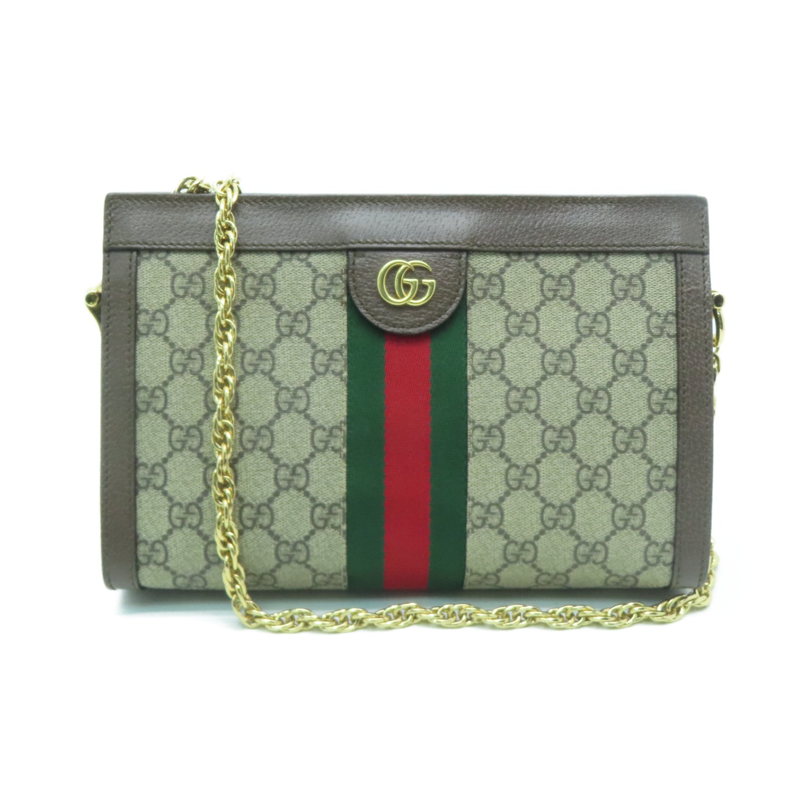 GUCCI 塗層帆布Ophidia GG金扣鏈帶肩背袋啡色