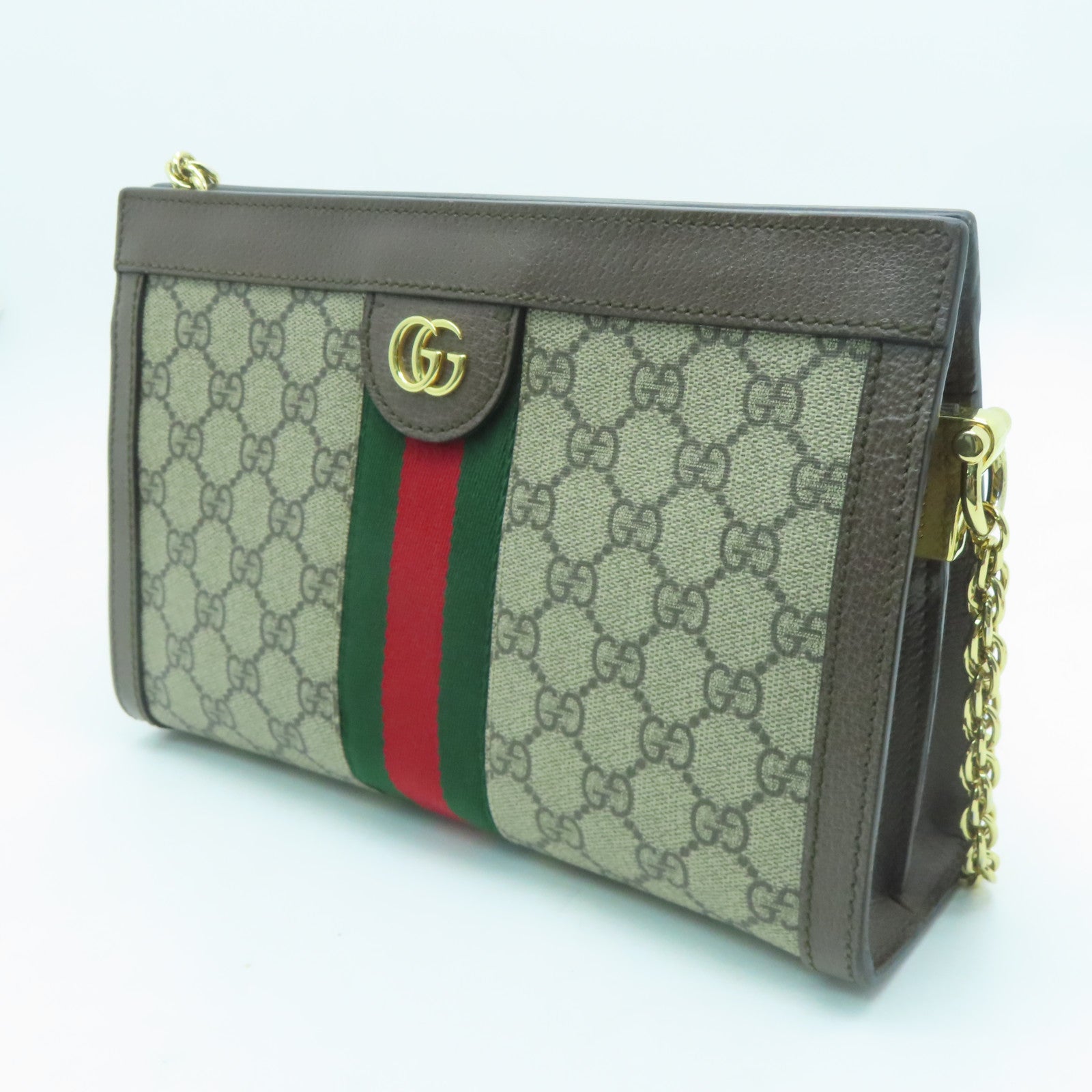 GUCCI 塗層帆布Ophidia GG金扣鏈帶肩背袋啡色