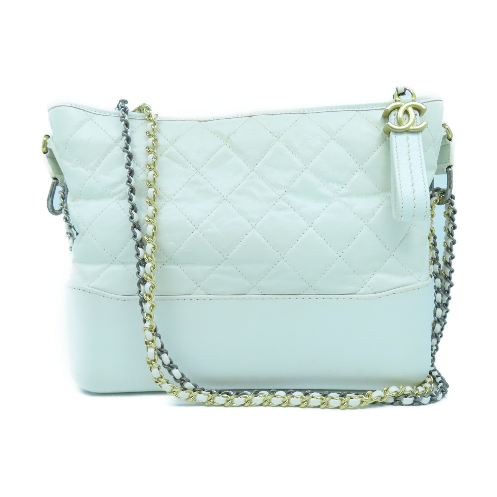 CHANEL 菱格牛皮皮革Gabrielle Medium金扣/銀扣鏈帶肩背袋白色