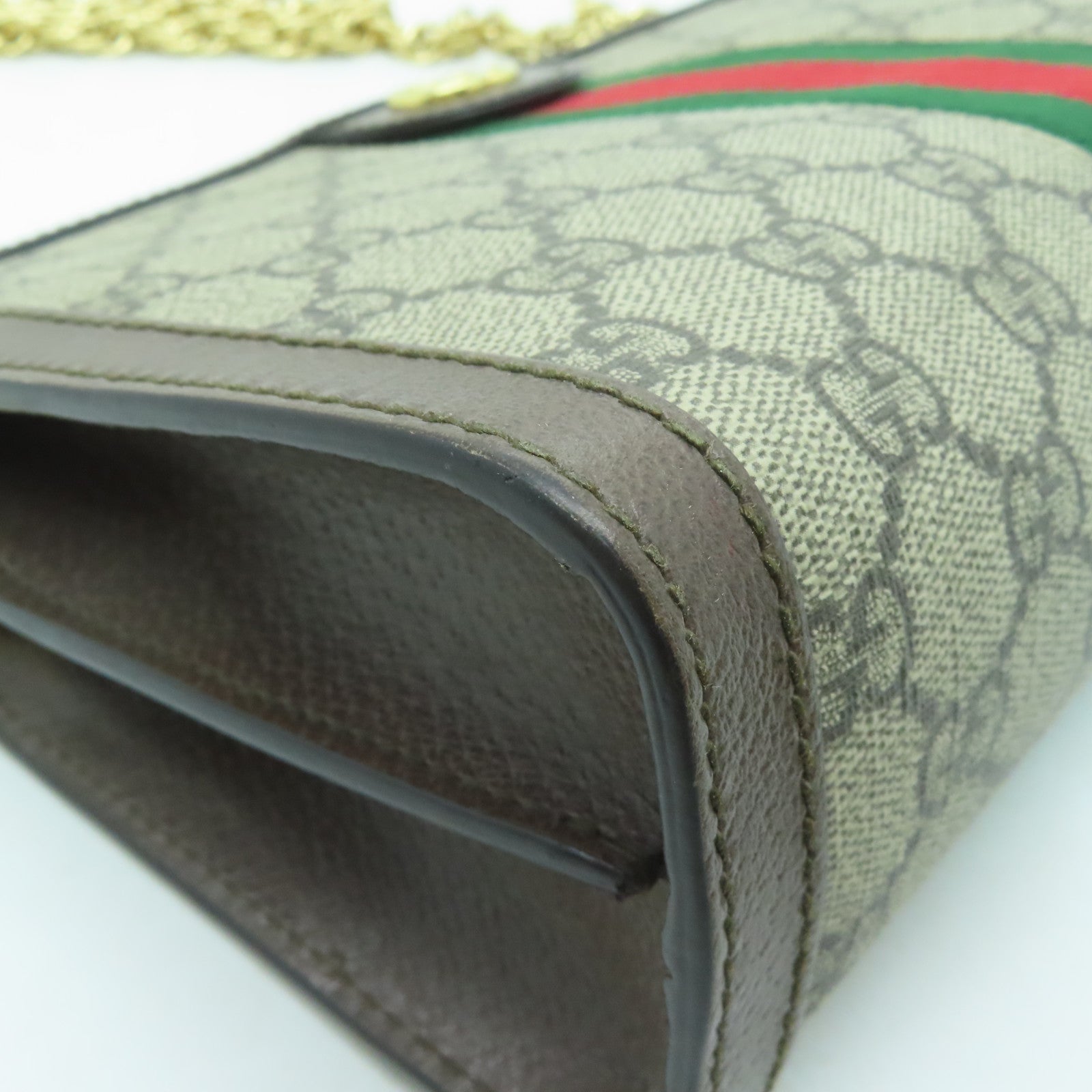 GUCCI 塗層帆布Ophidia GG金扣鏈帶肩背袋啡色