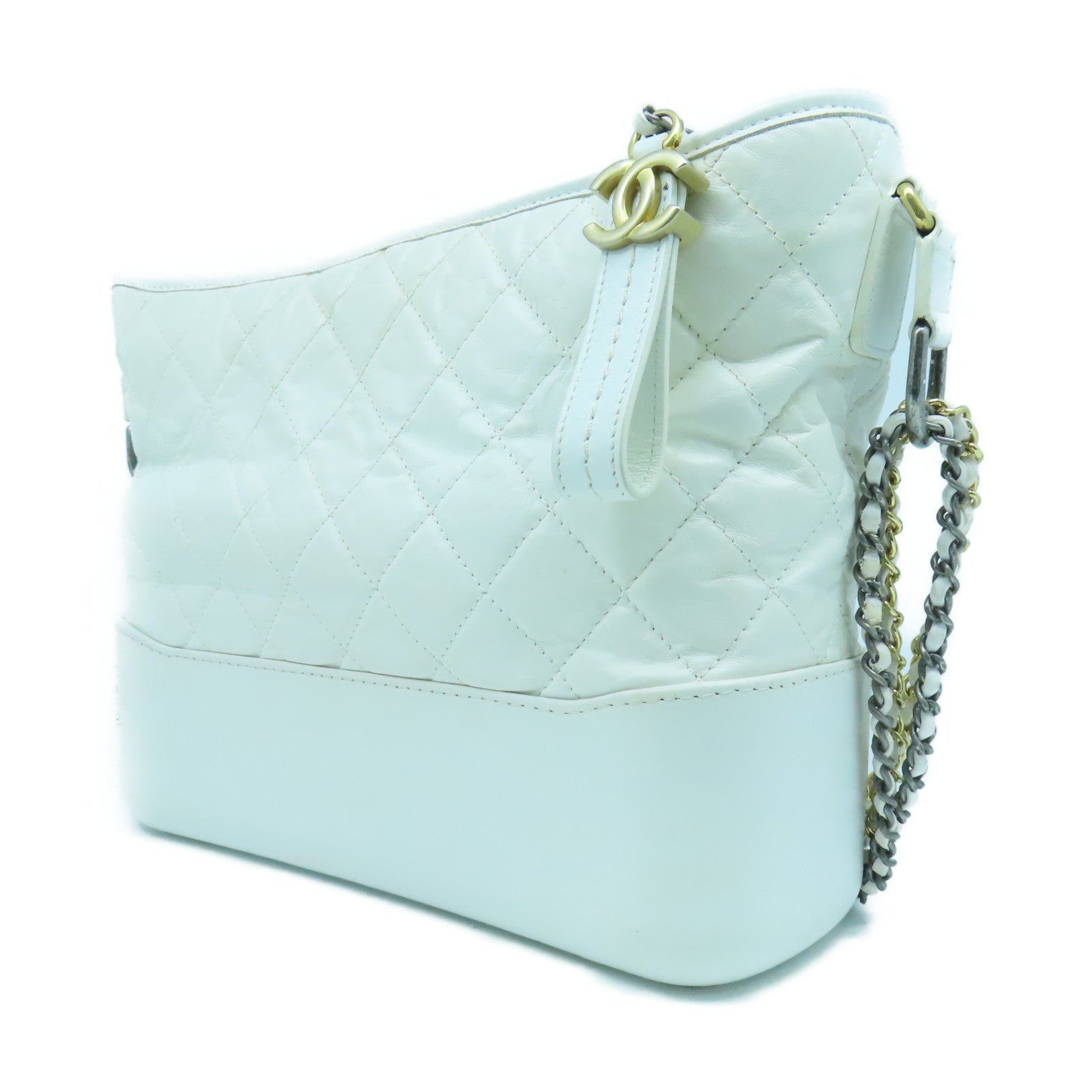 CHANEL 菱格牛皮皮革Gabrielle Medium金扣/銀扣鏈帶肩背袋白色