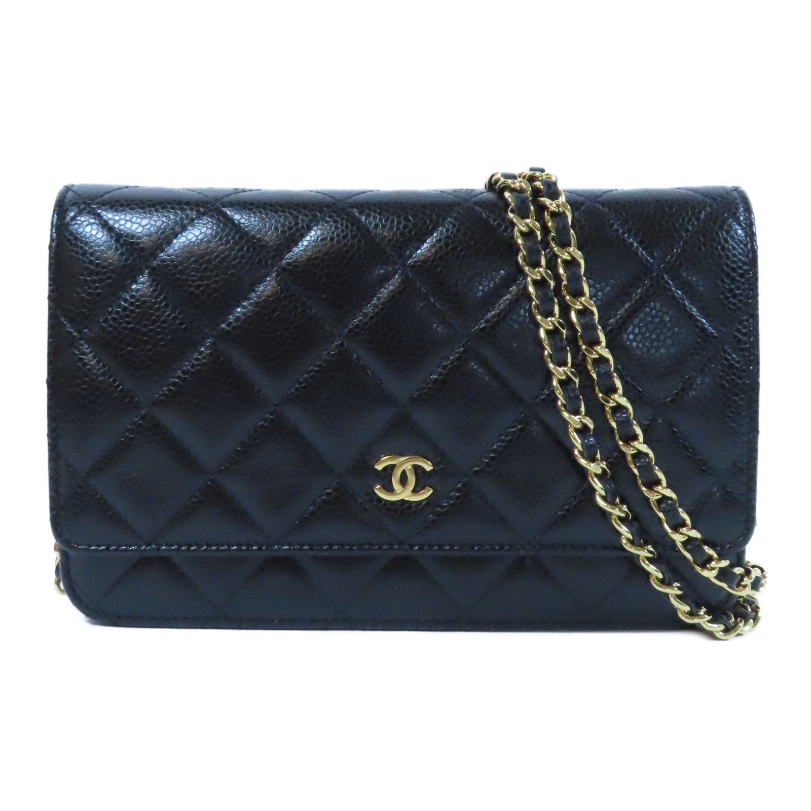 CHANEL 菱格Caviar皮革WOC金扣鏈帶肩背袋黑色