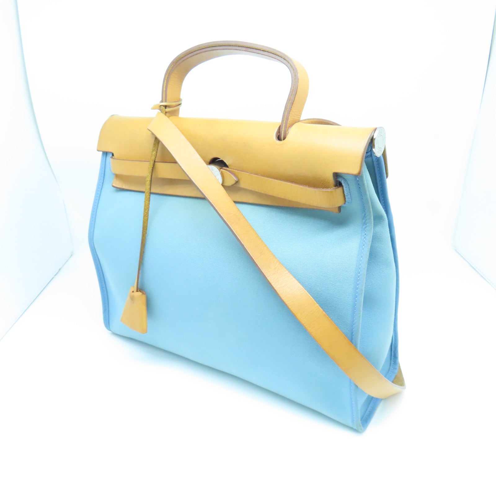 HERMES Canvas Herbag PM Silver Buckle Handle Shoulder Bag Light Blue/Brown