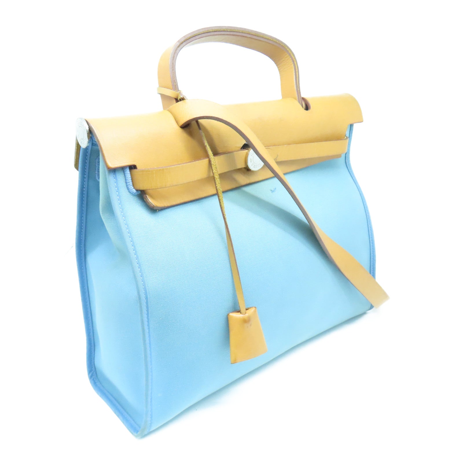 HERMES Canvas Herbag PM Silver Buckle Handle Shoulder Bag Light Blue/Brown