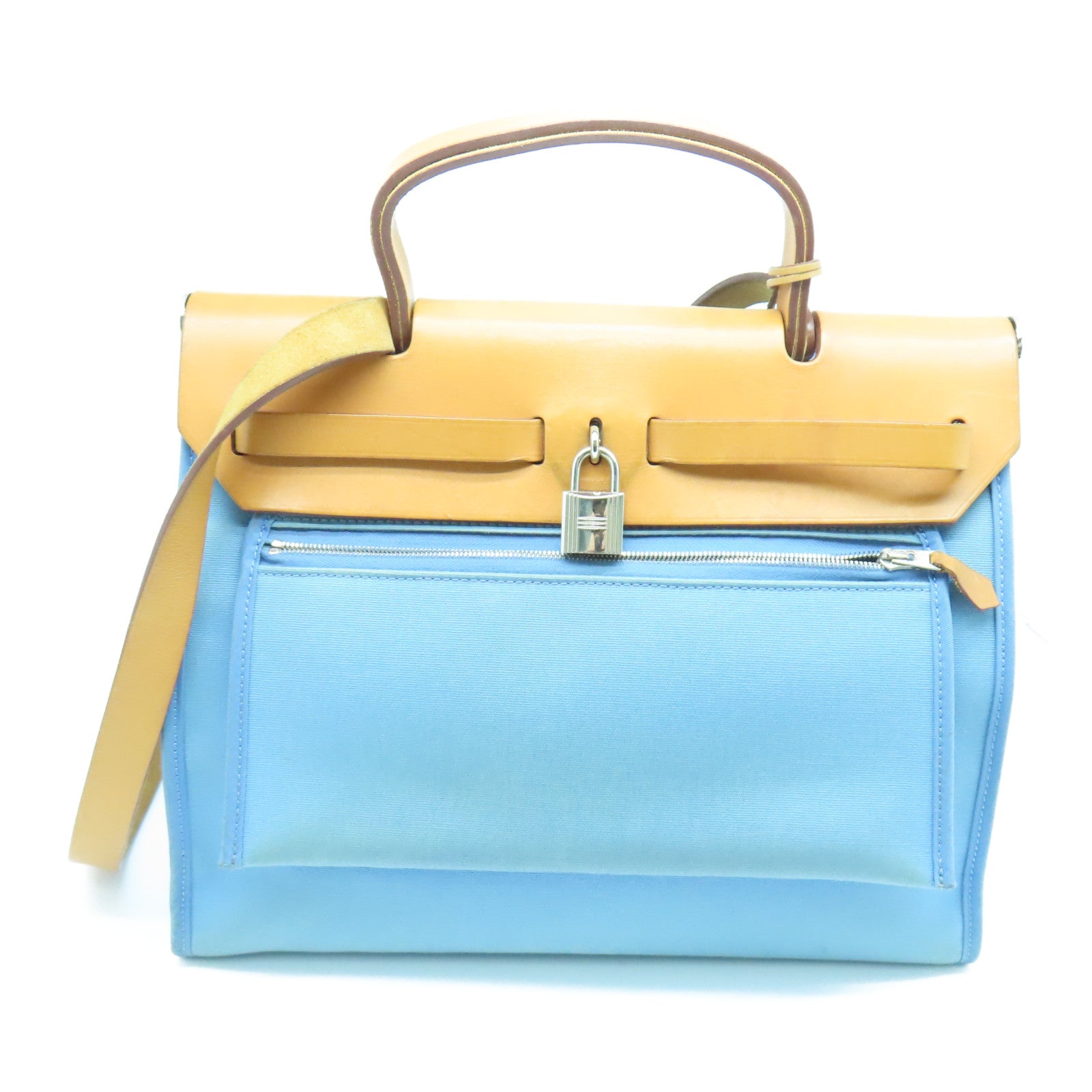 HERMES Canvas Herbag PM Silver Buckle Handle Shoulder Bag Light Blue/Brown