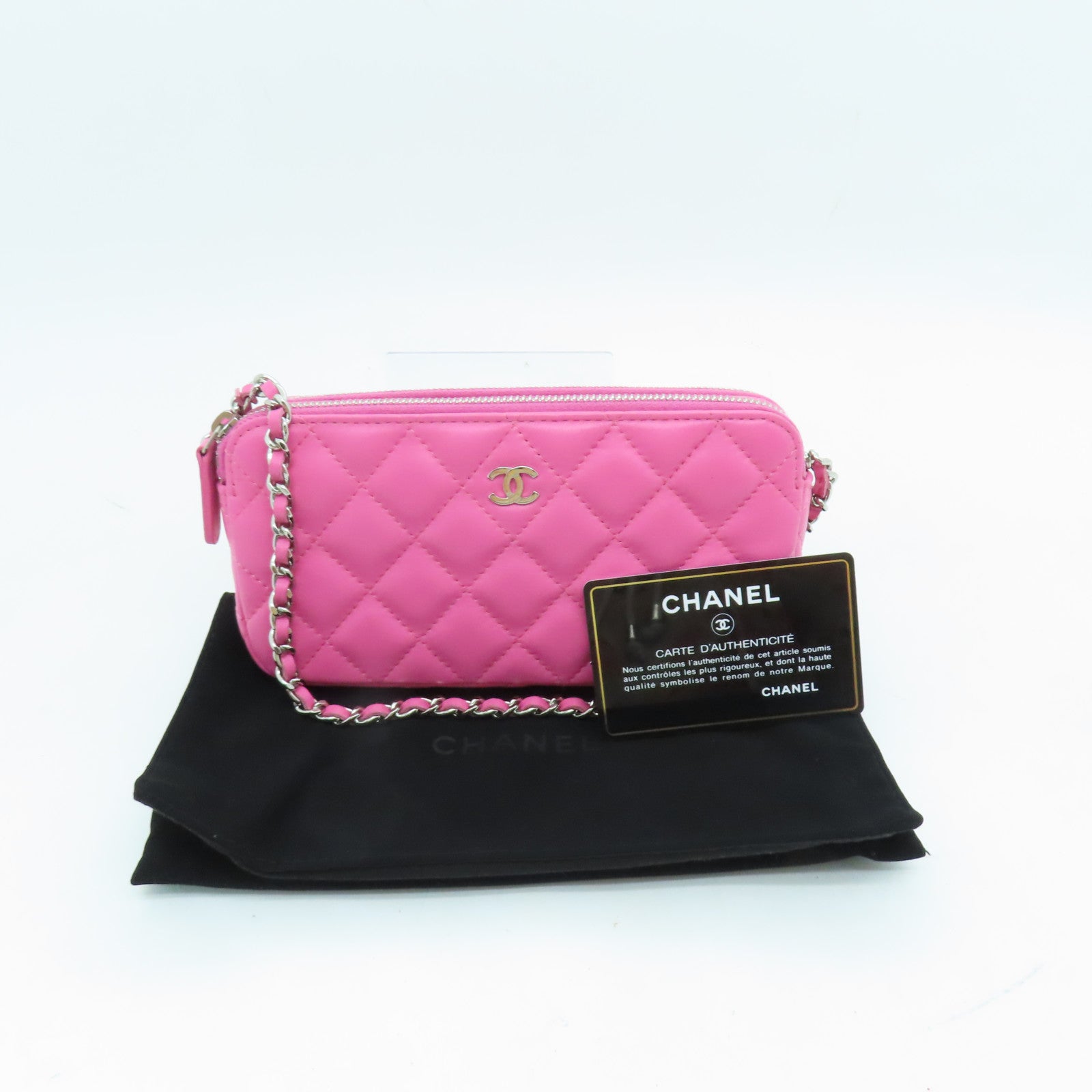 CHANEL 【激減優惠】菱格羊皮皮革Double Zip Shoulder Bag銀扣鏈帶肩背袋粉紅色