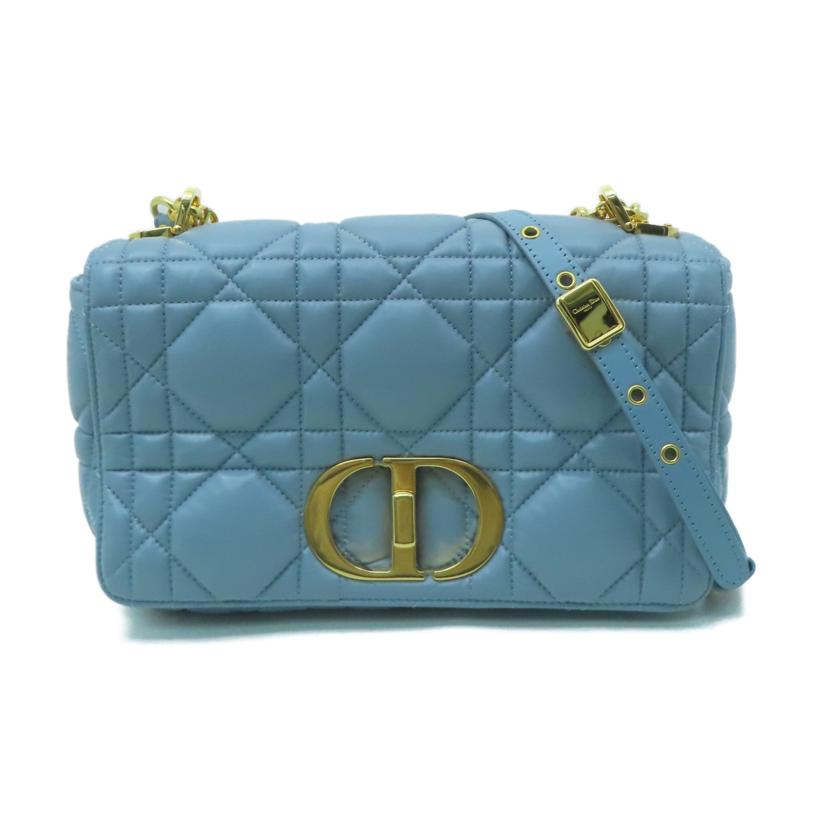 Dior 羊皮皮革Medium Dior Caro Bag金扣鏈帶肩背袋淺藍色