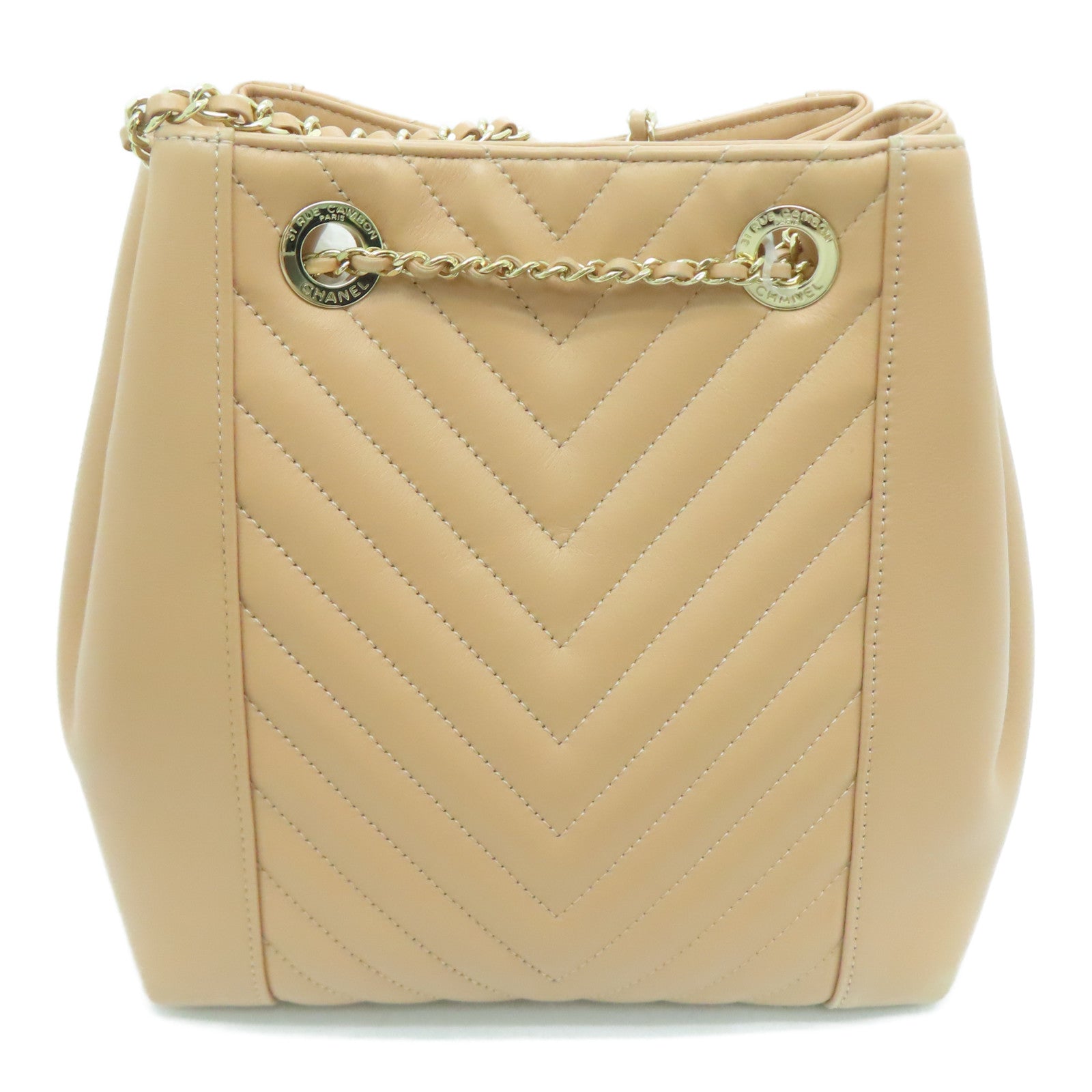 CHANEL 牛皮皮革Chain Shoulder金扣肩背袋杏色