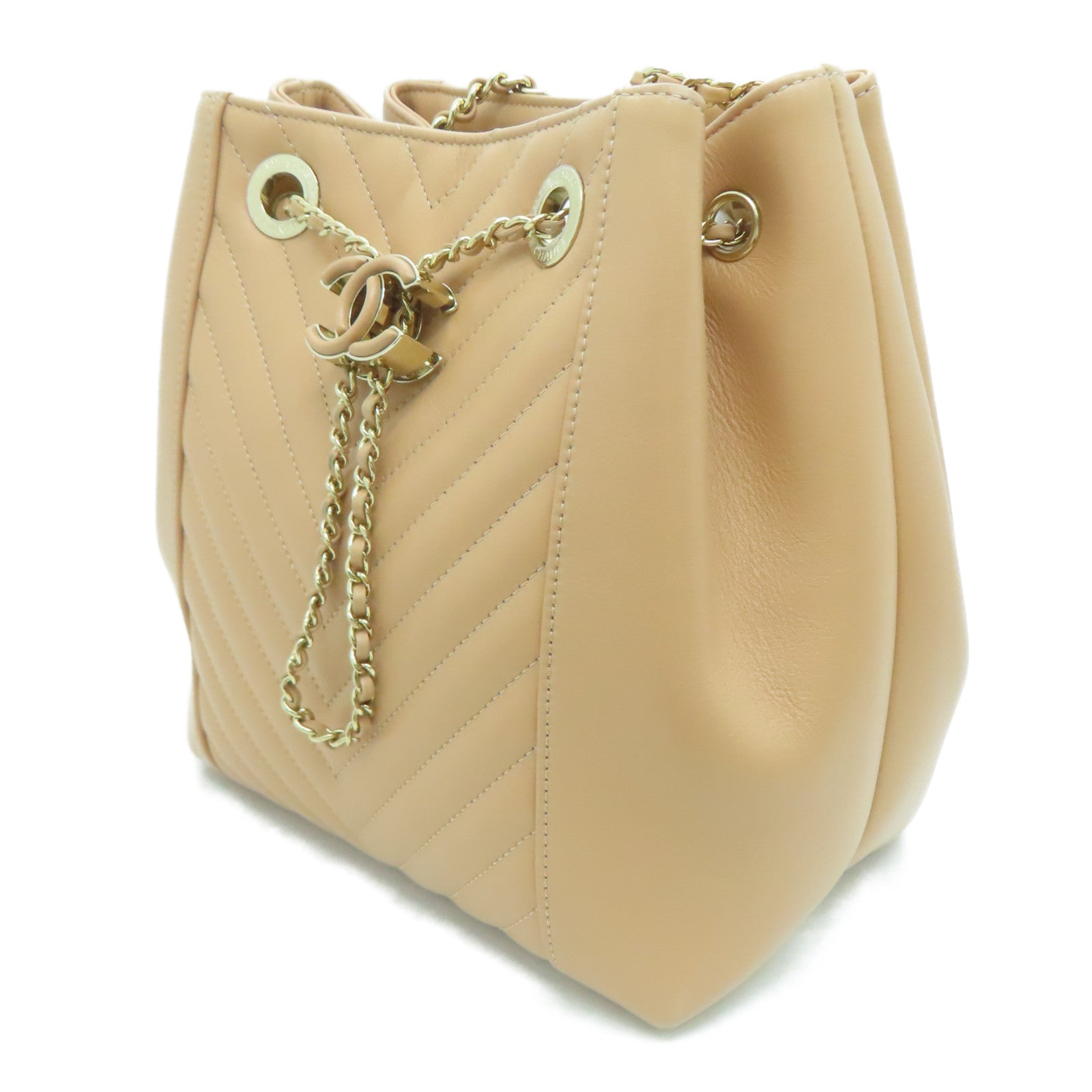 CHANEL 牛皮皮革Chain Shoulder金扣肩背袋杏色