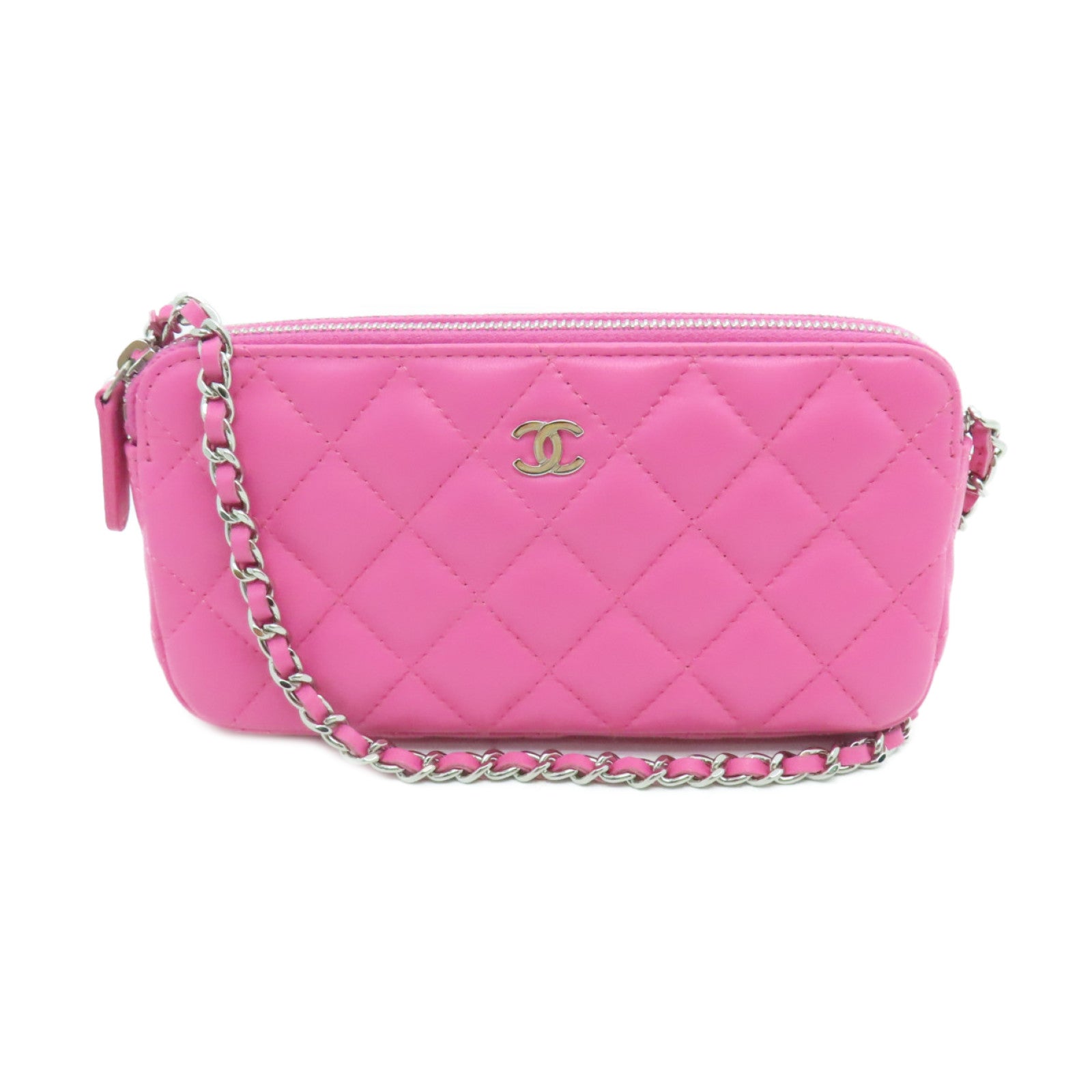 CHANEL 【激減優惠】菱格羊皮皮革Double Zip Shoulder Bag銀扣鏈帶肩背袋粉紅色