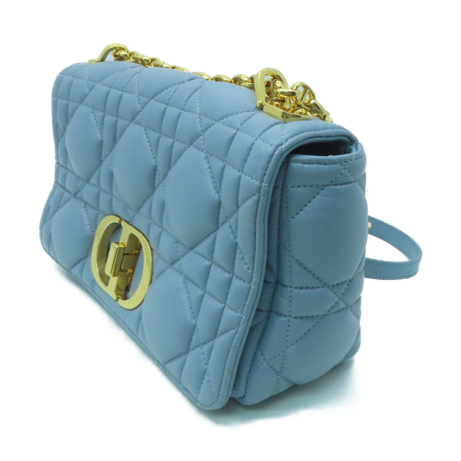 Dior 羊皮皮革Medium Dior Caro Bag金扣鏈帶肩背袋淺藍色
