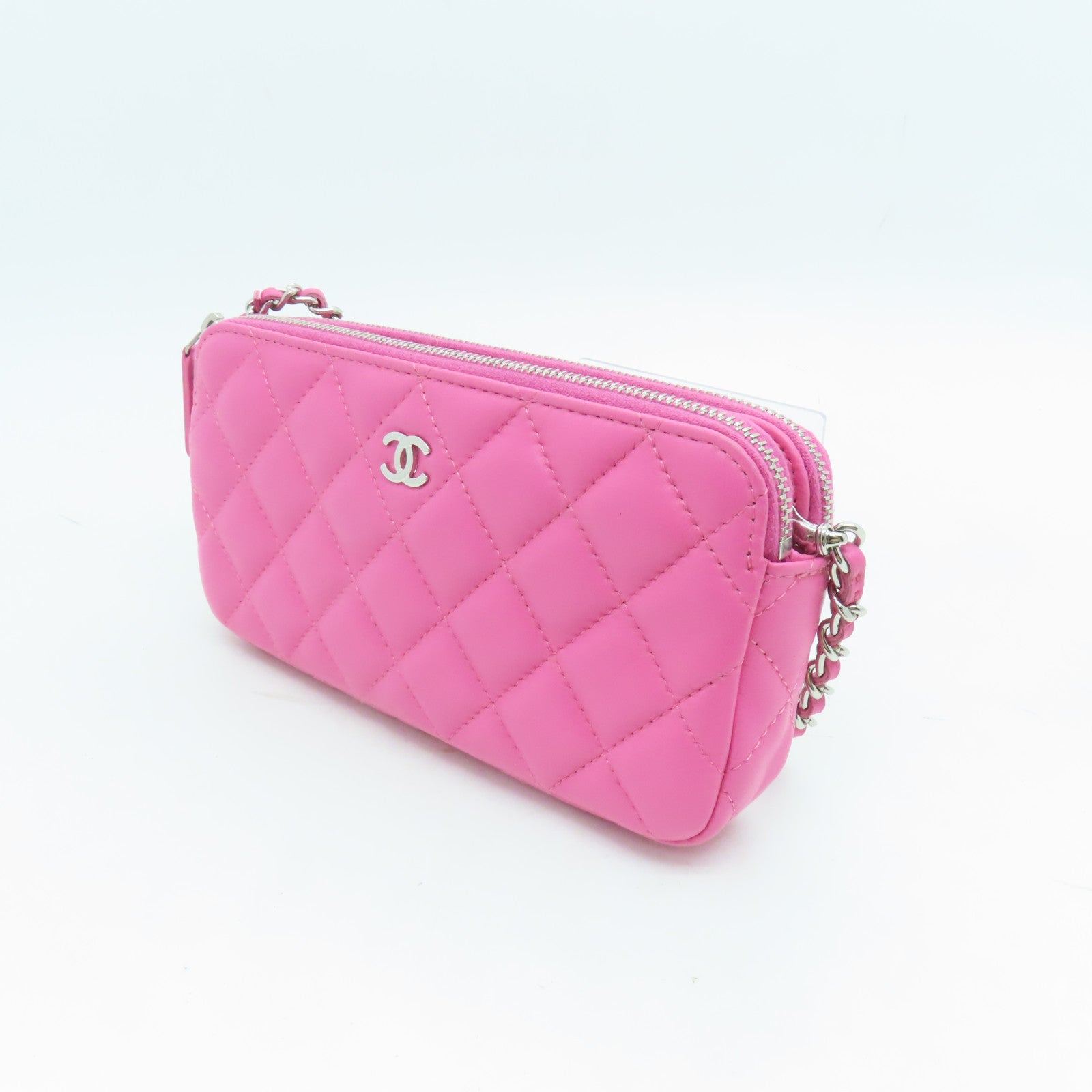 CHANEL 【激減優惠】菱格羊皮皮革Double Zip Shoulder Bag銀扣鏈帶肩背袋粉紅色