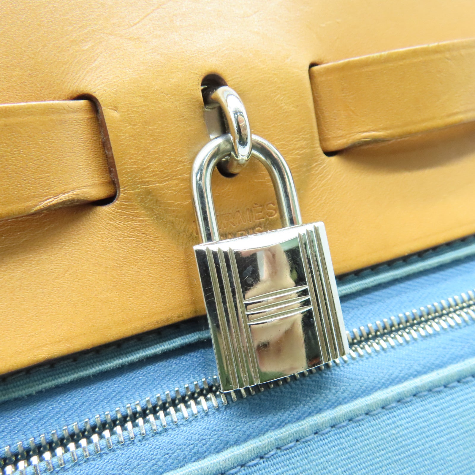 HERMES Canvas Herbag PM Silver Buckle Handle Shoulder Bag Light Blue/Brown