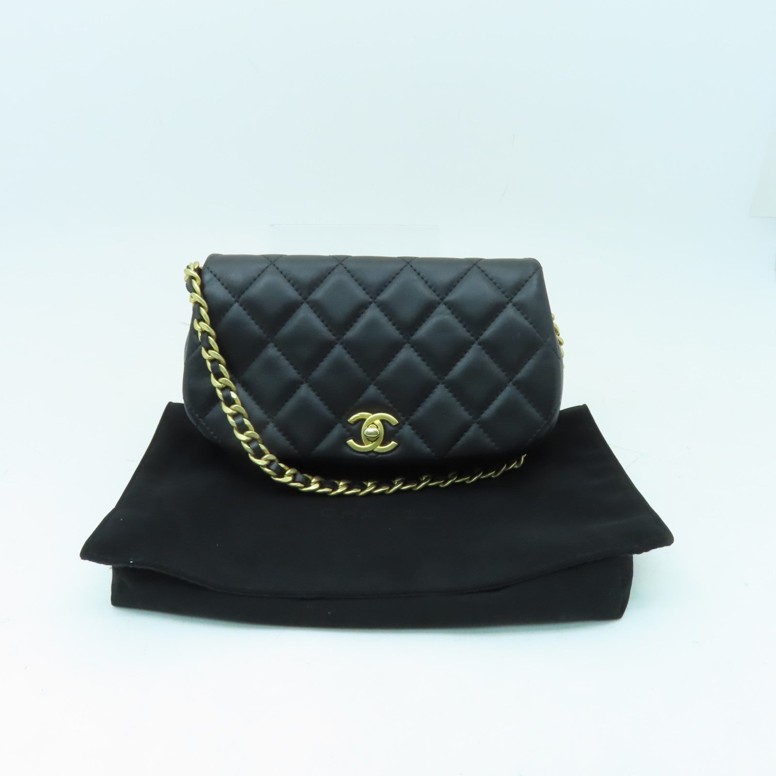 CHANEL 菱格牛皮皮革Chain Shoulder Bag金扣鏈帶肩背袋黒色