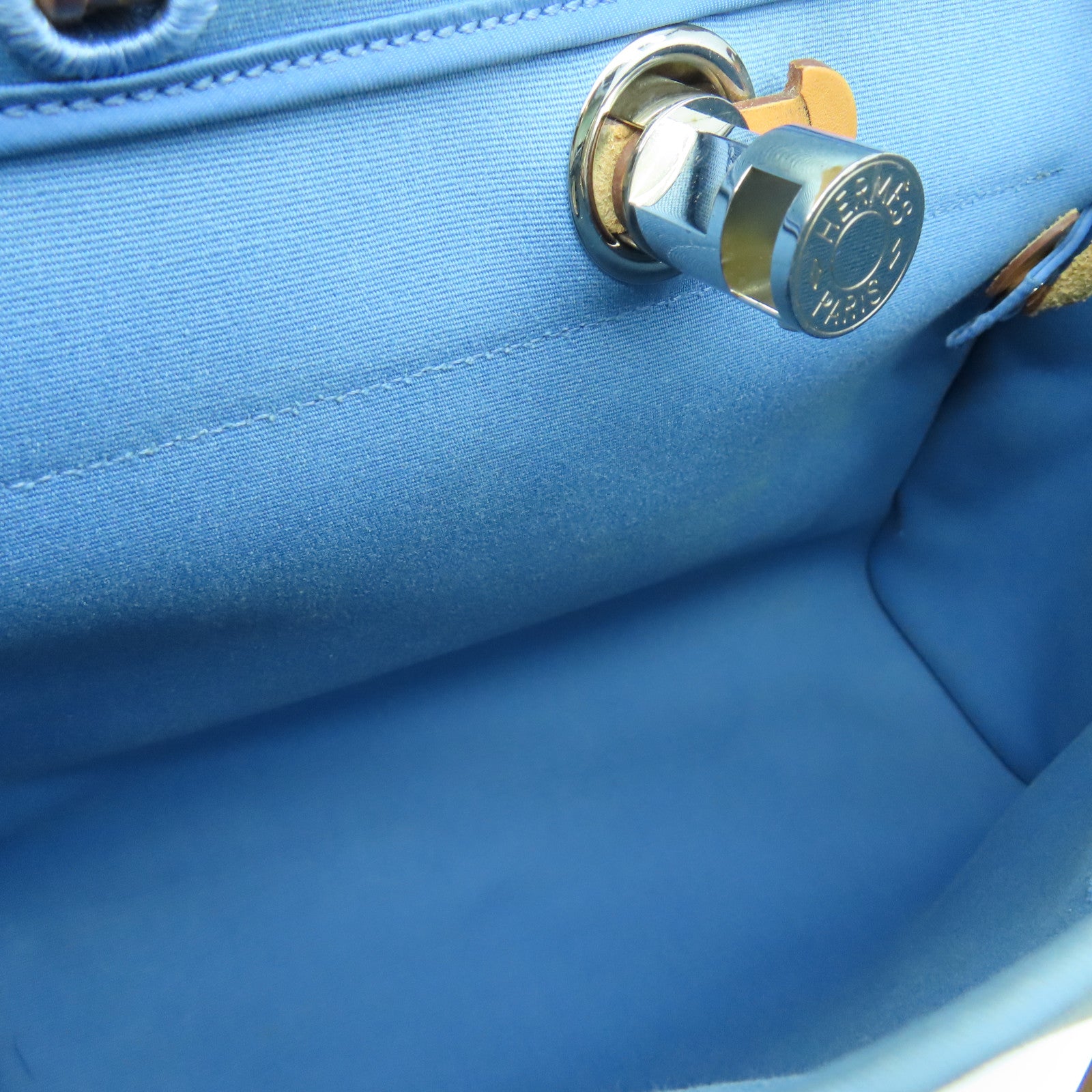 HERMES Canvas Herbag PM Silver Buckle Handle Shoulder Bag Light Blue/Brown