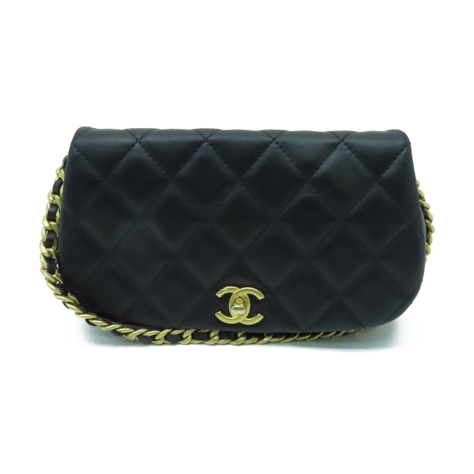 CHANEL 菱格牛皮皮革Chain Shoulder Bag金扣鏈帶肩背袋黒色
