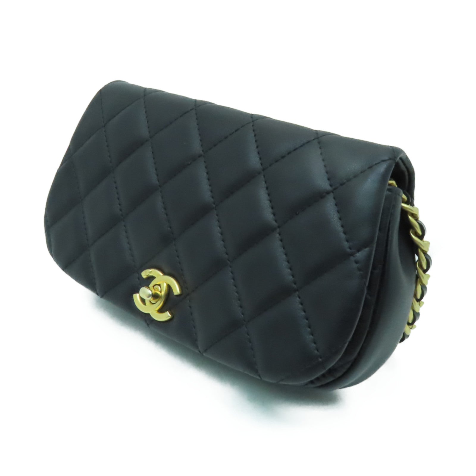 CHANEL 菱格牛皮皮革Chain Shoulder Bag金扣鏈帶肩背袋黒色