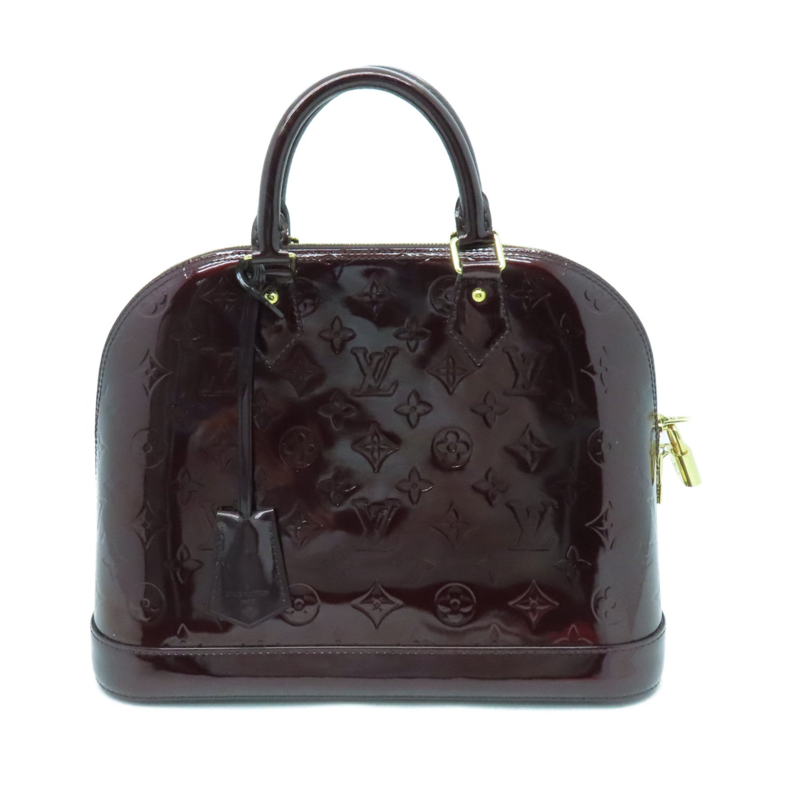 LOUIS VUITTON Monogram Vernis Alma PM gold buckle handle bag crimson