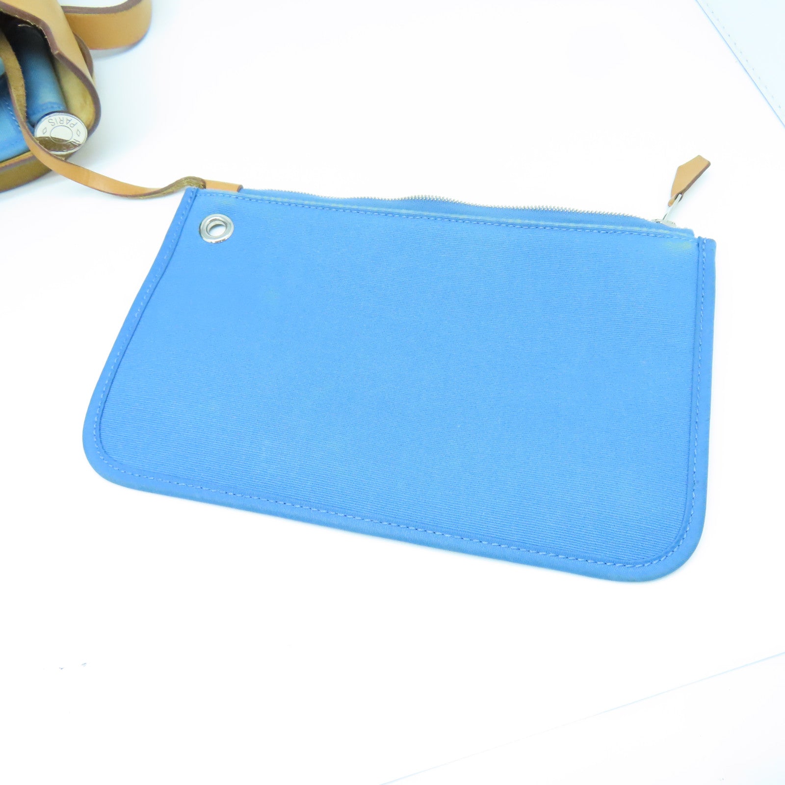 HERMES Canvas Herbag PM Silver Buckle Handle Shoulder Bag Light Blue/Brown