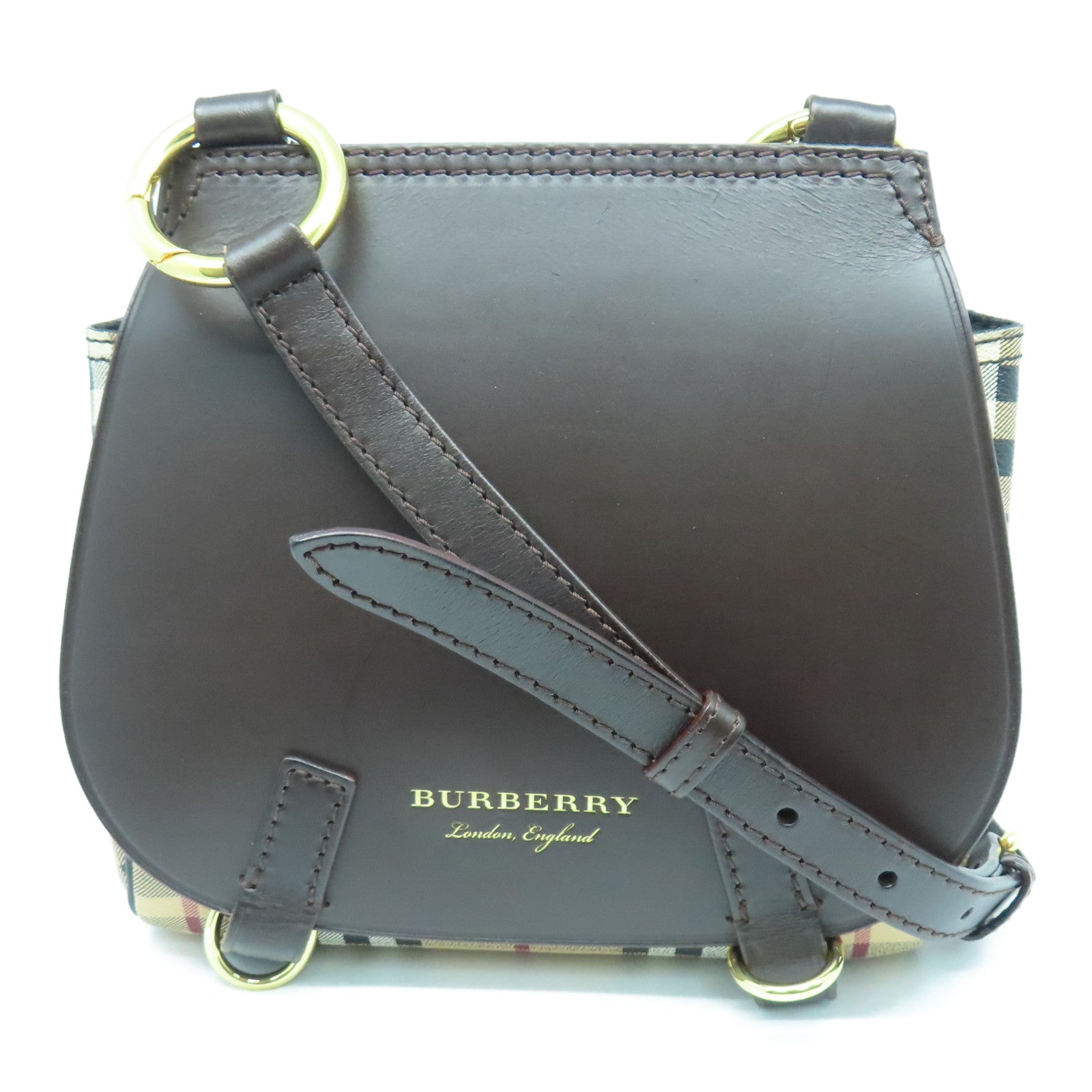 BURBERRY Leather Shoulder Bag Gold Buckle Brown/Checkered