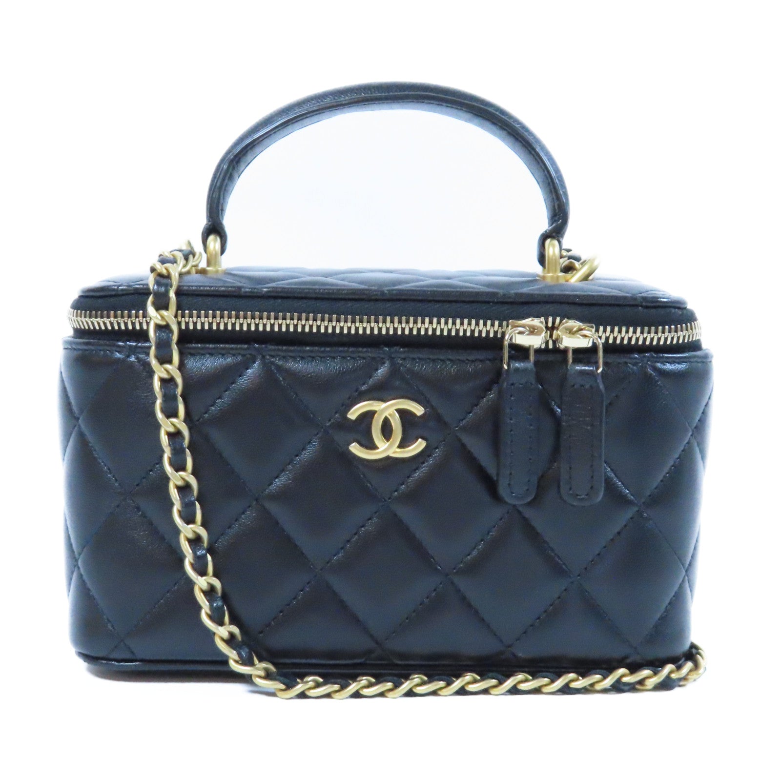 CHANEL 菱格牛皮皮革Handle Vanity Case金扣鏈帶肩背袋黑色