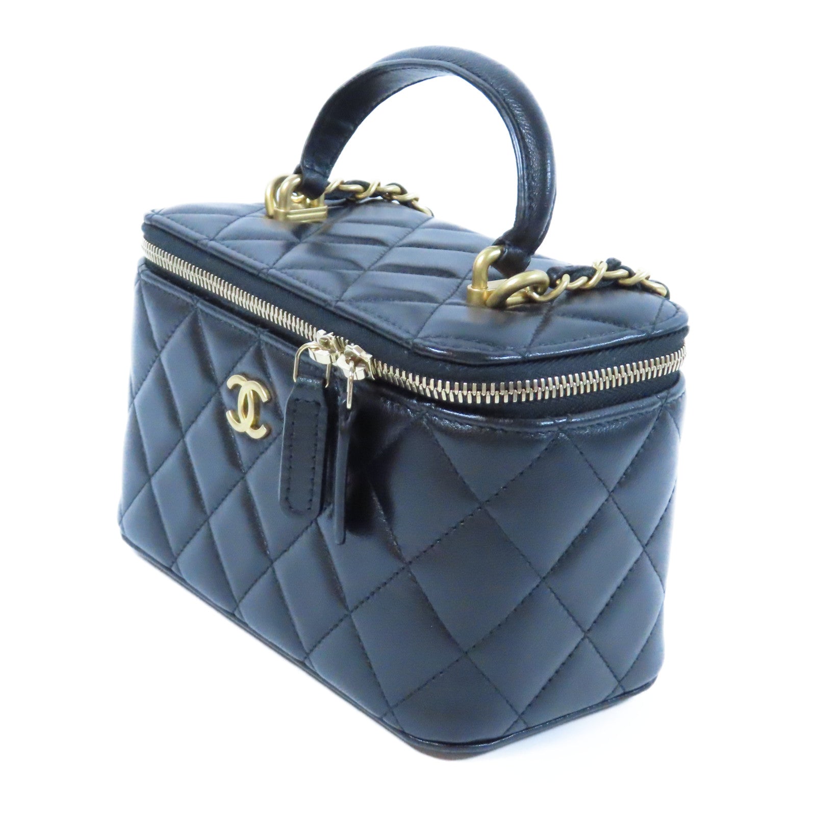 CHANEL 菱格牛皮皮革Handle Vanity Case金扣鏈帶肩背袋黑色