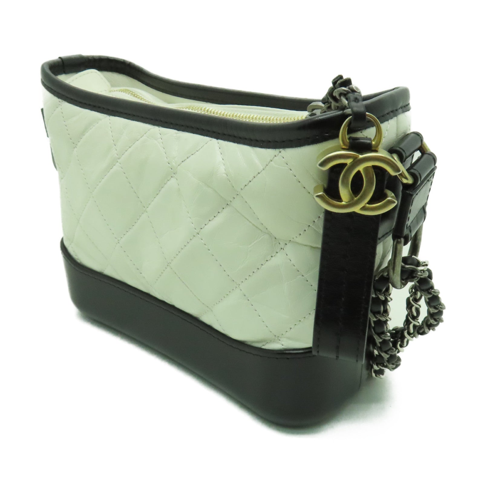 CHANEL 菱格牛皮皮革Gabrielle Hobo金扣/銀扣鏈帶肩背袋白色/黒色